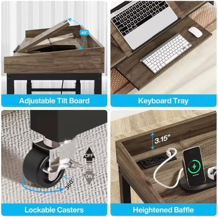 Height Adjustable Overbed Table with Wheels, Mobile Laptop Cart Computer Desk for Queen Size Bed