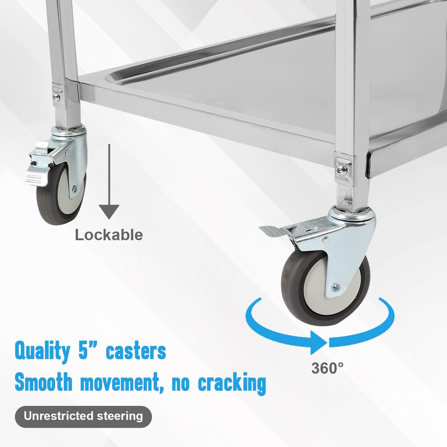 3 Shelf Stainless Steel Cart with Wheels, Kitchen Rolling Cart 330 lbs Weight Capacity, Service Trolley with Lockable Universal Wheels, for Lab, Clinic, Kitchen, Salon, 37.2