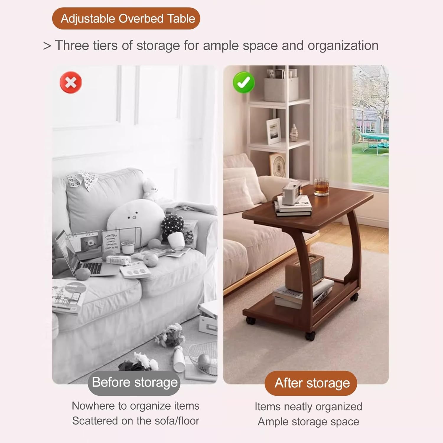 Overbed Table with Wheels Adjustable Standing Laptop Cart, Sturdy Wood Computer Desk with Tiltable Tabletop for Laptop and Bedroom Work(60cm/23.6in)