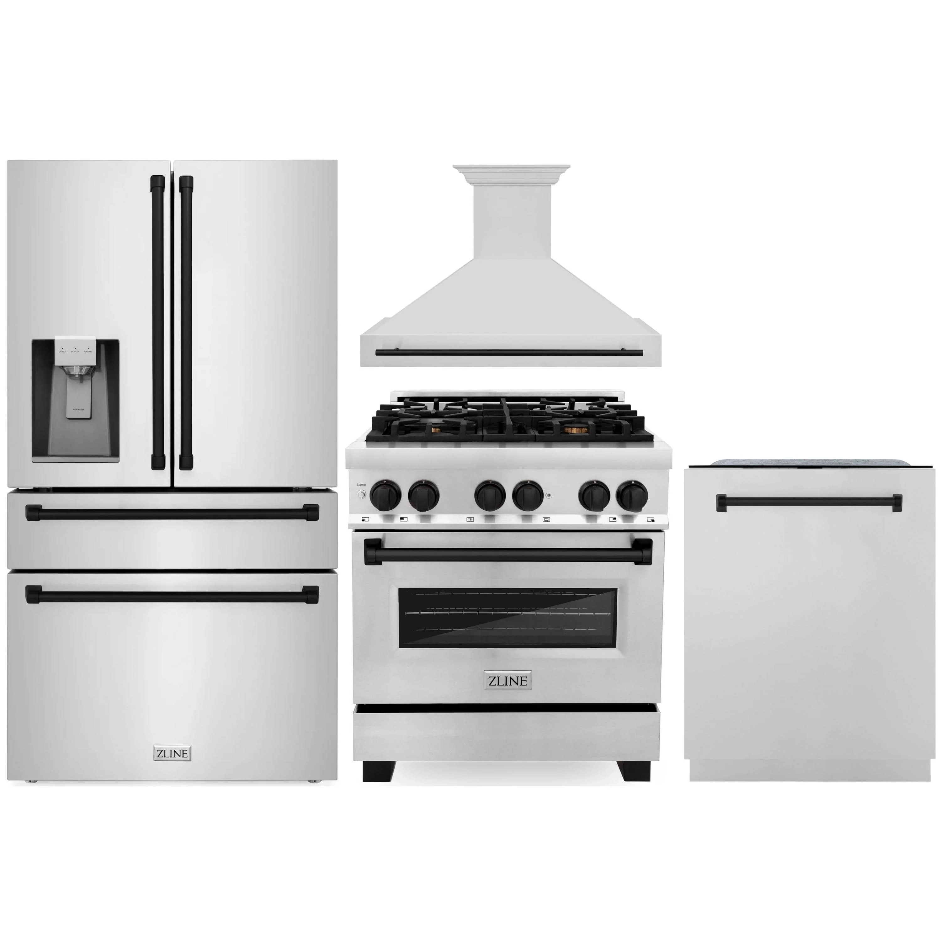 ZLINE Autograph Edition 4-Piece Appliance Package - 30-Inch Dual Fuel Range, Refrigerator with Water Dispenser, Wall Mounted Range Hood, & 24-Inch Tall Tub Dishwasher in Stainless Steel with Matte Black Trim (4AKPR-RARHDWM30-MB)