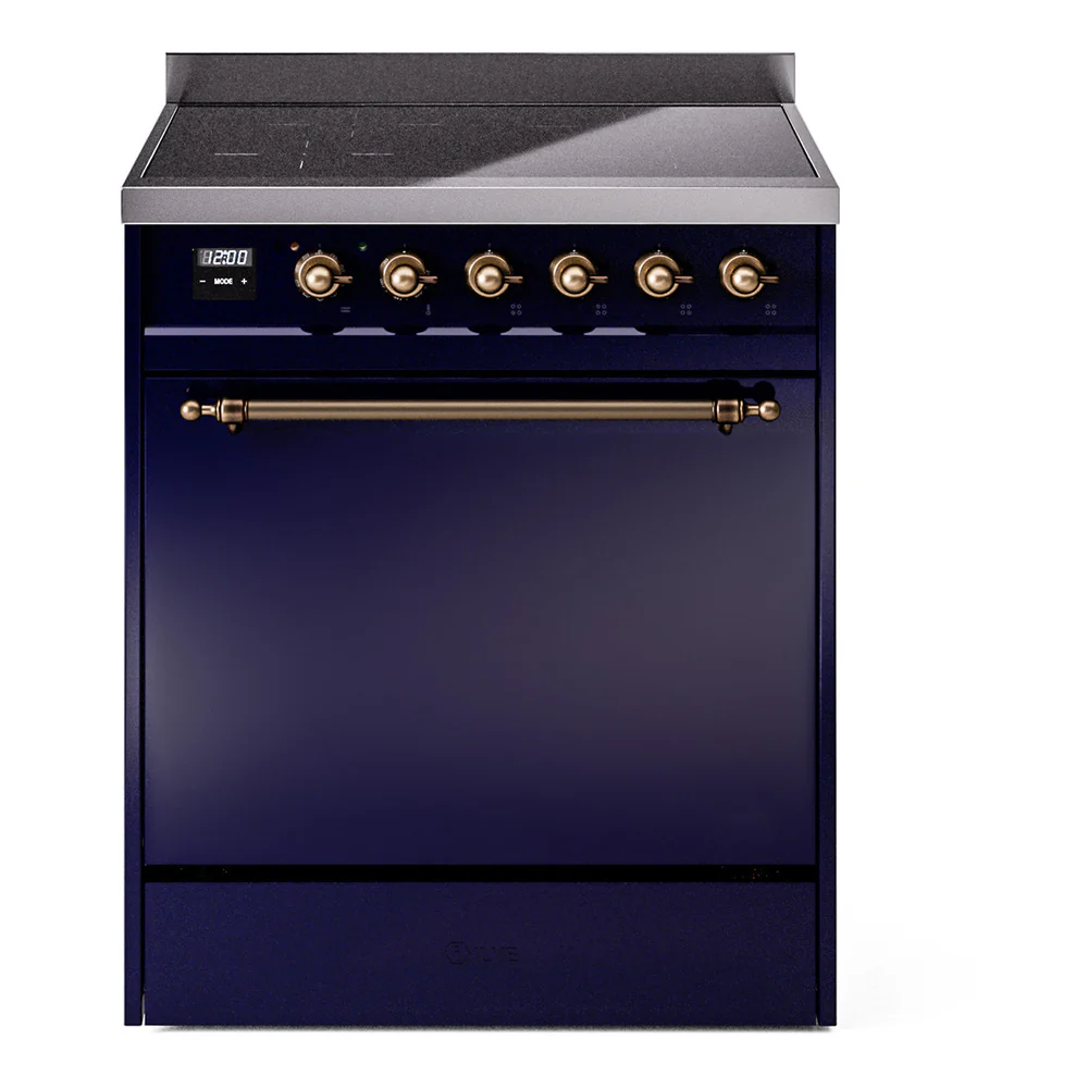 ILVE 30-Inch Nostalgie II Induction Range with Solid Door Oven in Midnight Blue with Bronze Trim (UPI304QNMPMBB)