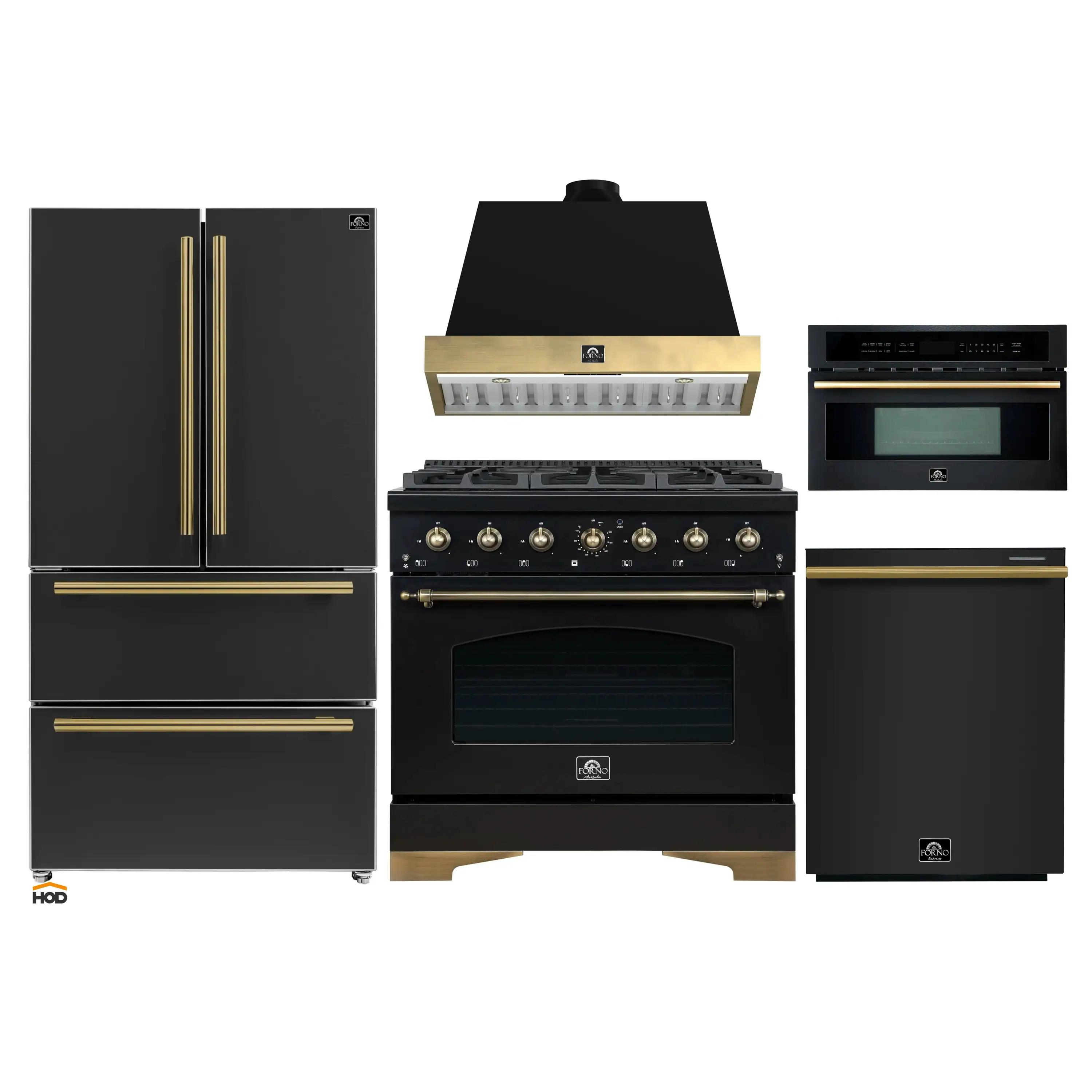Forno Antico 5-Piece Appliance Package - 36-Inch Gas Range, 36-Inch Hood, 36-Inch Refrigerator, 24-Inch Dishwasher, & 30-Inch Microwave Oven in Black with Antique Brass Trim