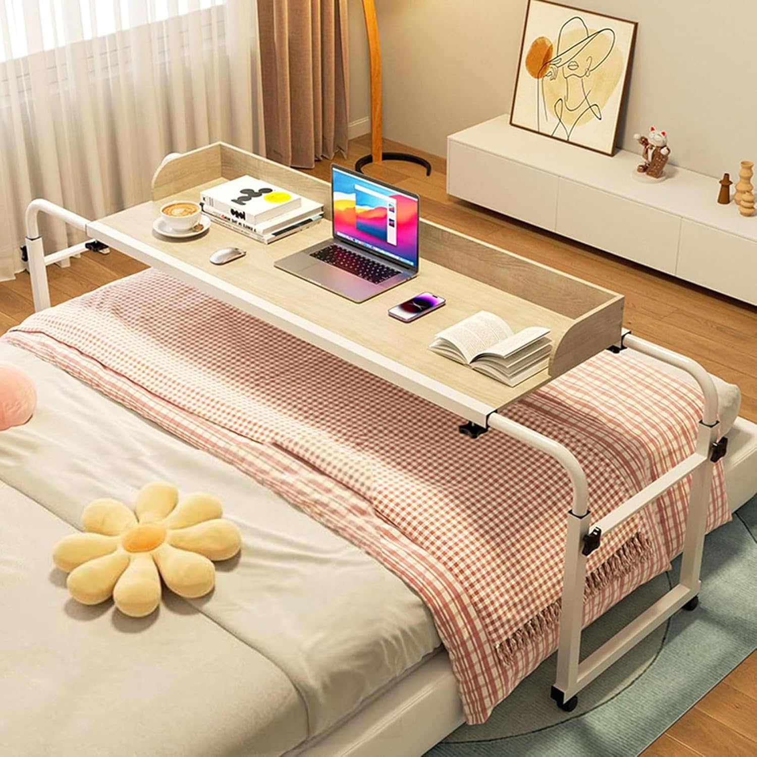 Over Bed Tables，Height and Width Adjustable Rolling Laptop Desk with Wheels Food Tray Desk Rolling Medical Table Stretchable Lazy Design Standing Over Bed Table King Size(Color:Woo