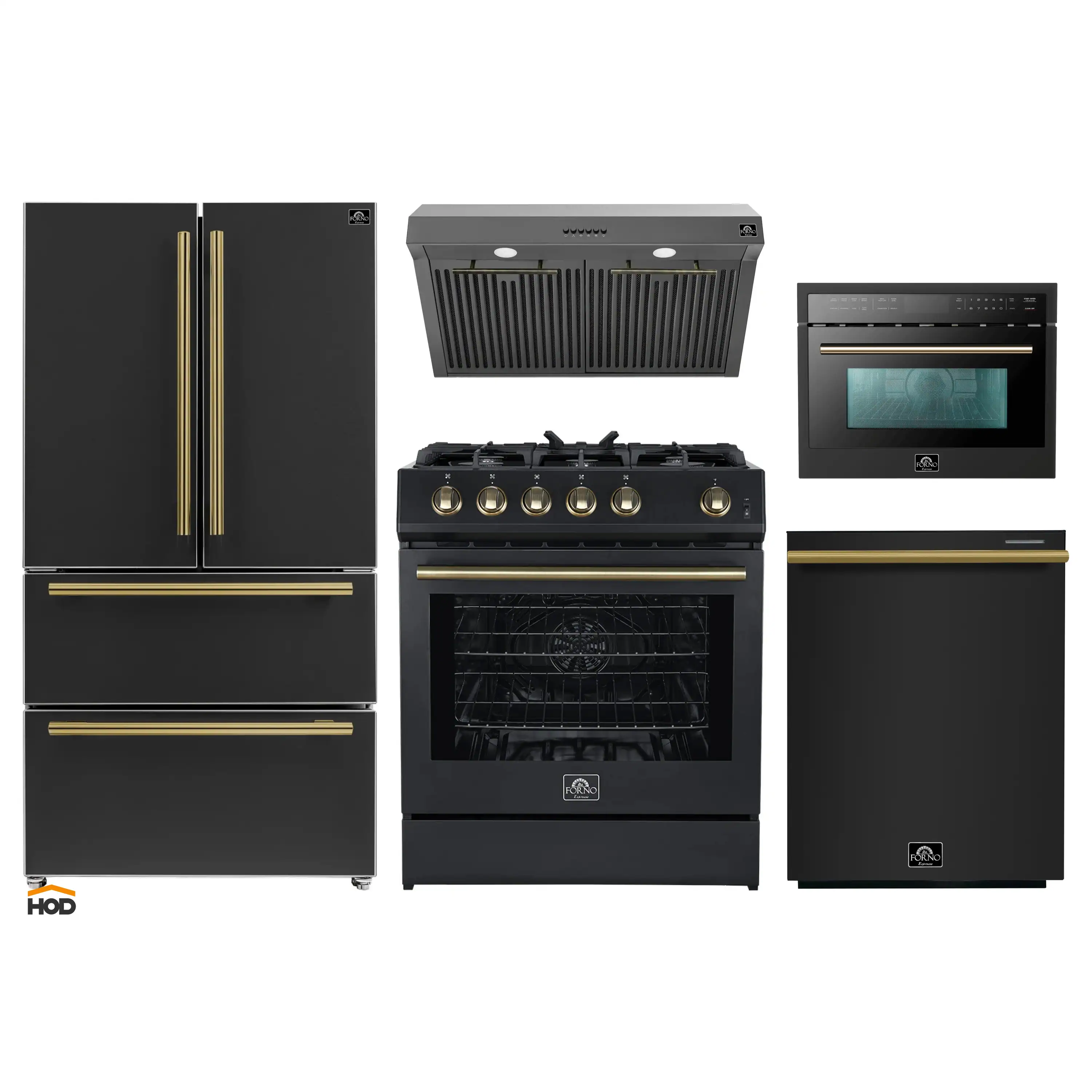 Forno 5-Piece Appliance Package - 30-Inch Gas Range, Under Cabinet Range Hood, Refrigerator, Dishwasher, and 24-Inch Microwave Oven in Black with Antique Brass Trim