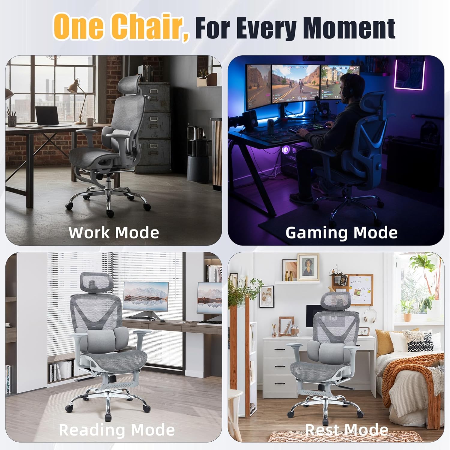 Ergonomic Office Chair - Mesh Executive Desk Chair with 3-Zone Dynamic Lumbar Support & 2D Adjustable Headrest - High Back Reclining Swivel Computer Gaming Chair with 4D Adjustable Armrests & Footrest