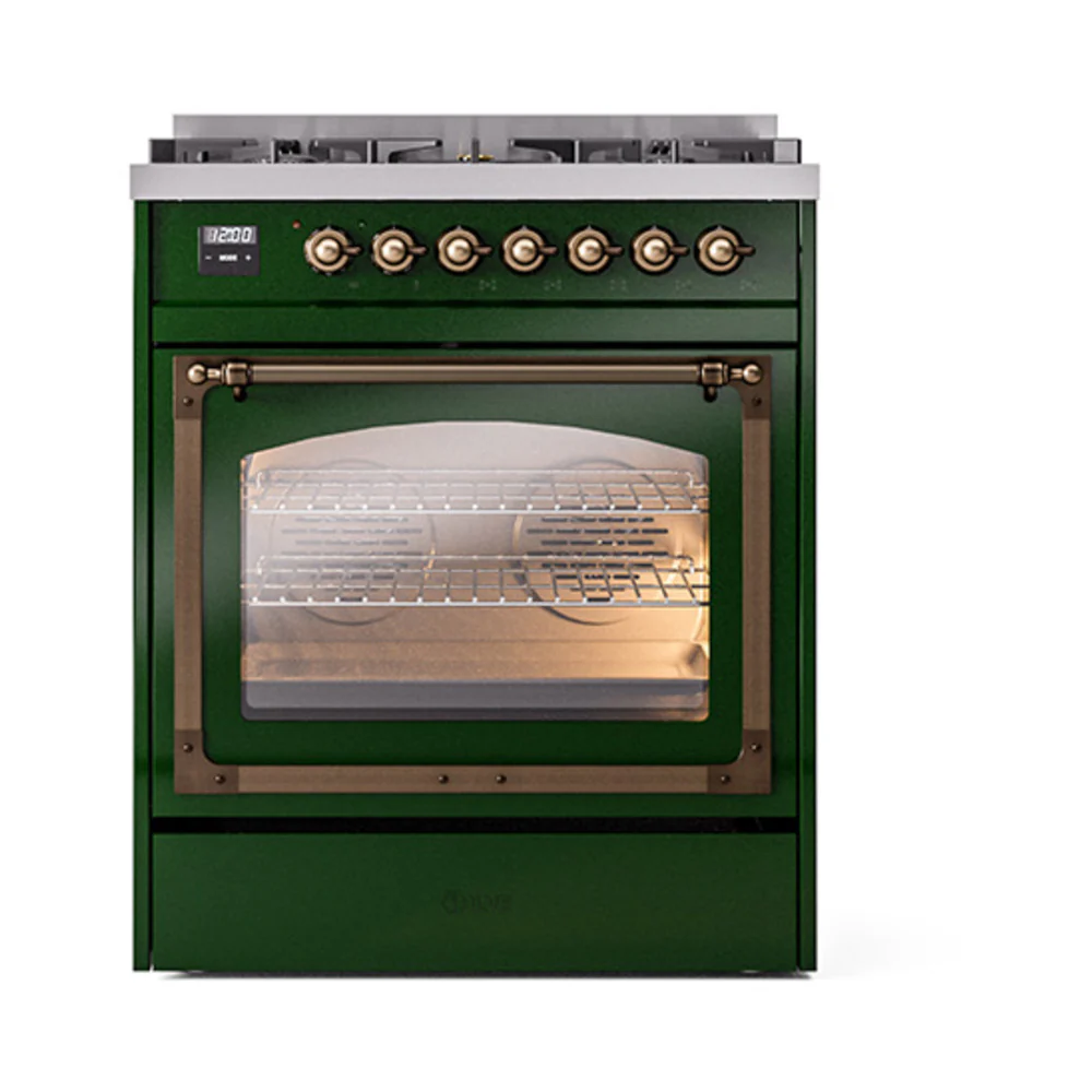 ILVE Nostalgie II Noblesse 30-Inch Dual Fuel Range with Triple Glass Door in Emerald Green with Bronze Trim (UN30NMPEGB)