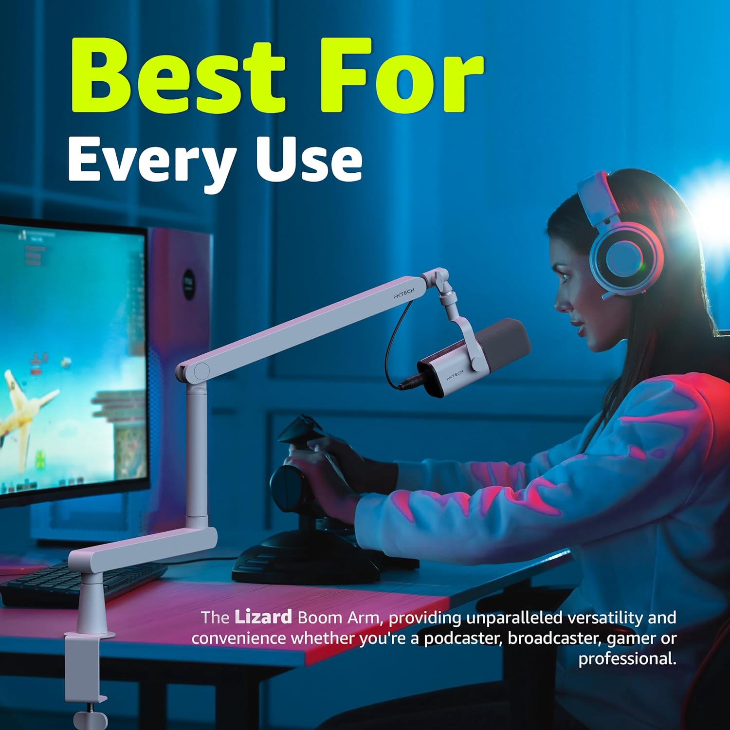 IXTECH White Microphone Boom Arm Stand Low Profile Boom Arm Adjustable Mic Stand with Built In Cable Management 360° Swivel Mic Arm.