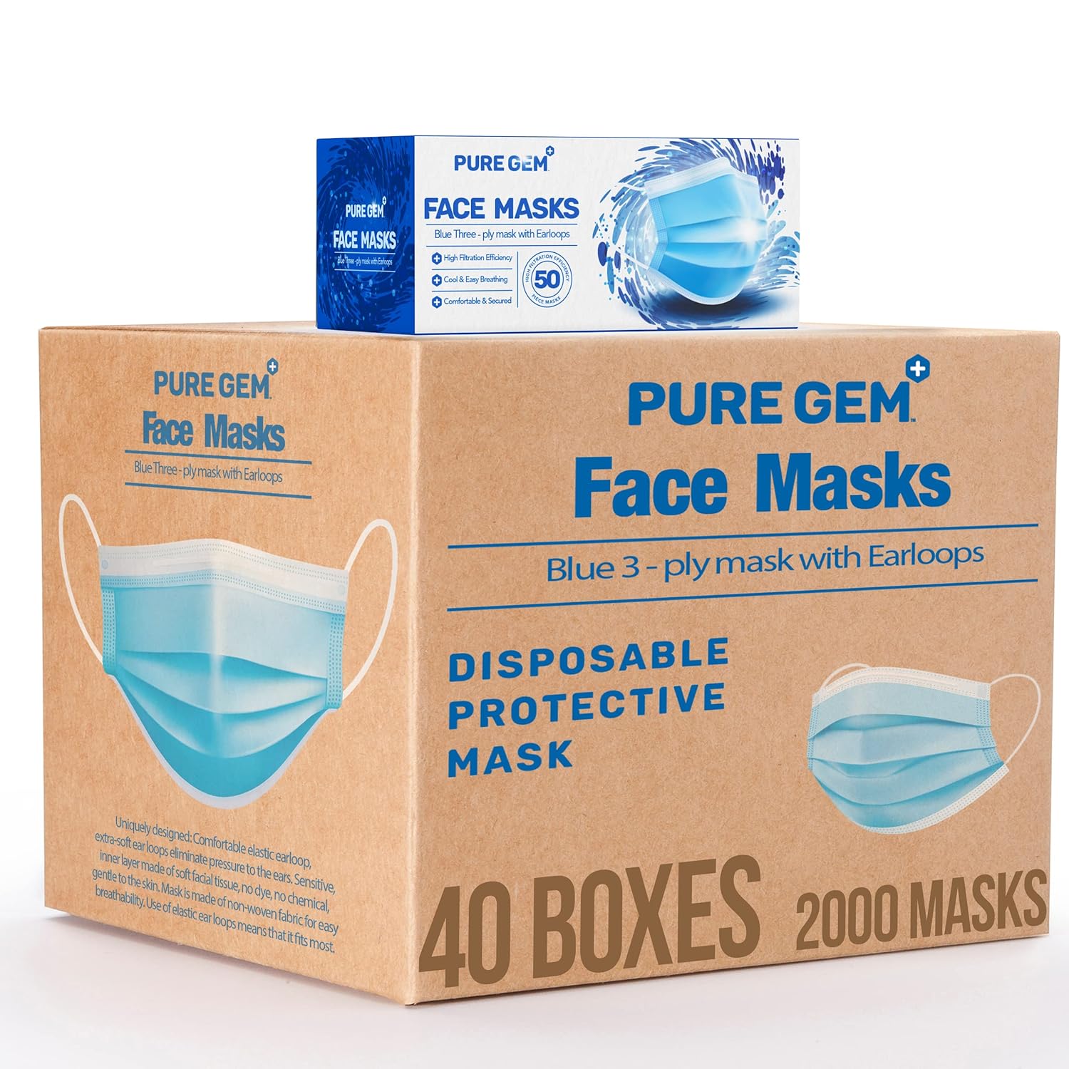 3-Ply Disposable Face Masks, Soft on Skin, Pack of Blue Masks with Elastic Earloops (2000 Masks)