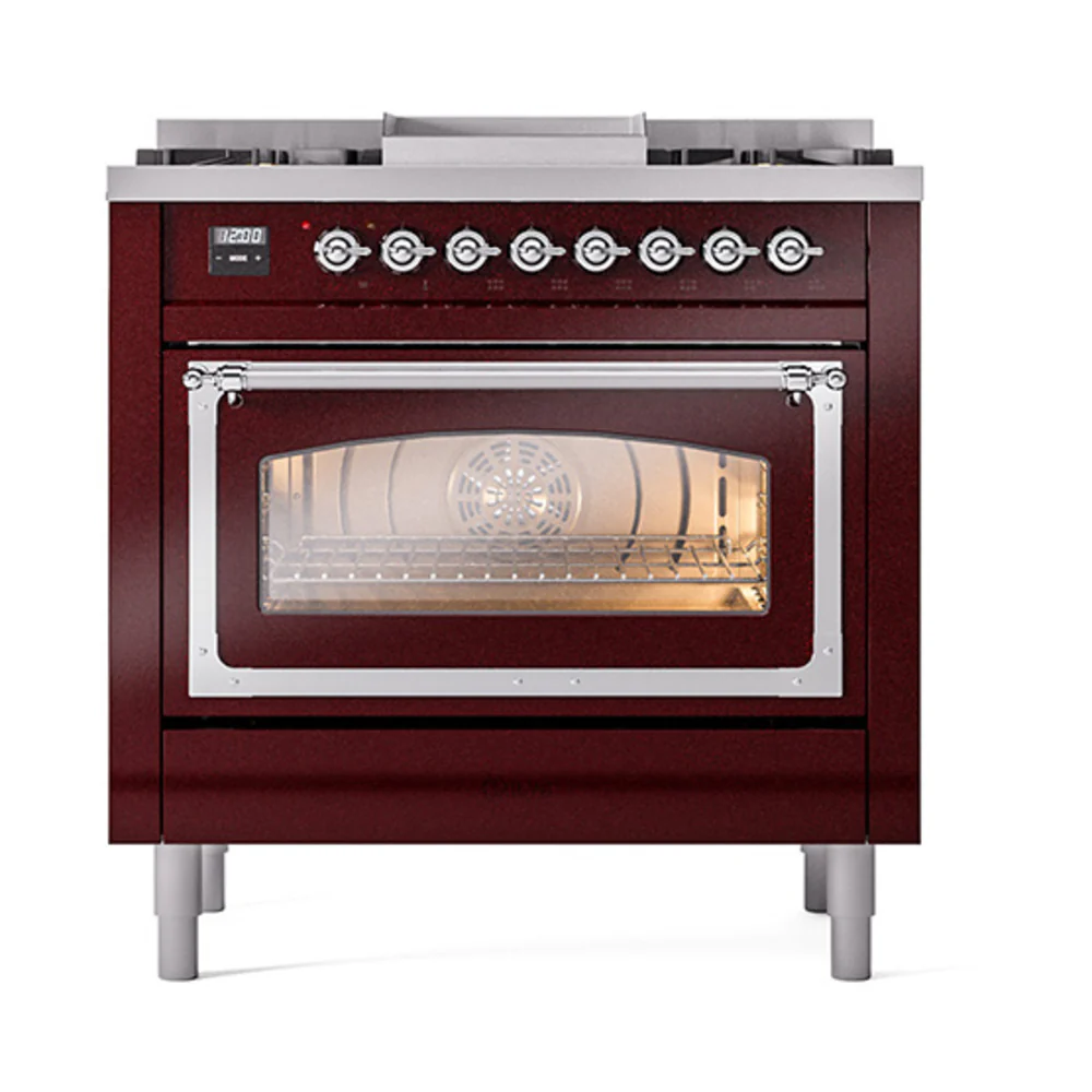 ILVE Nostalgie II Noblesse 36-Inch Dual Fuel Range and Triple Glass Door in Burgundy with Chrome Trim (UN36FNMPBUC)