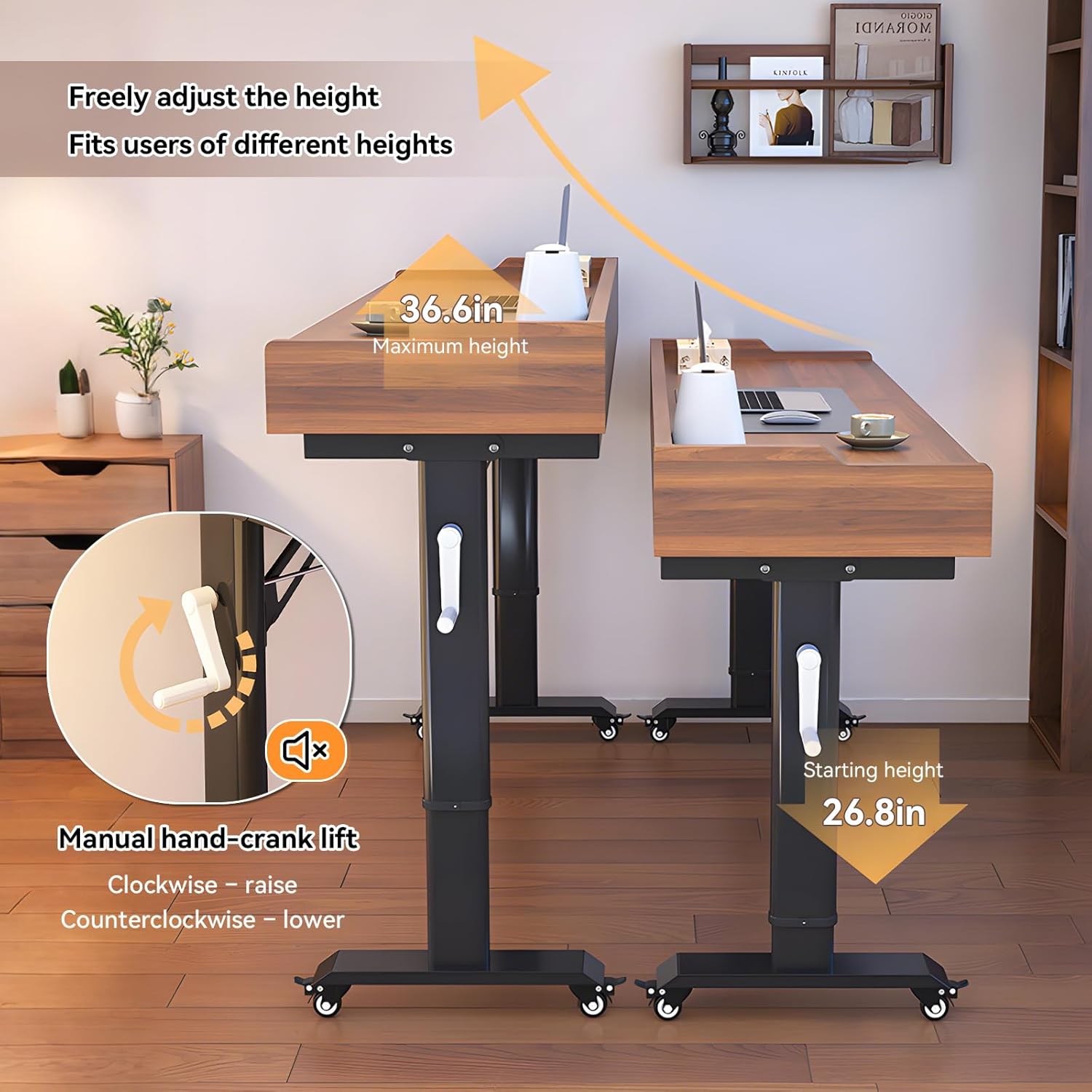 Over Bed Desk, Adjustable Height Overbed Table with Wheels & Hand Crank, Giant Portable Desk Over Bed for Laptop, Reading & Home Office, Fits Twin/Full/Queen/King Beds
