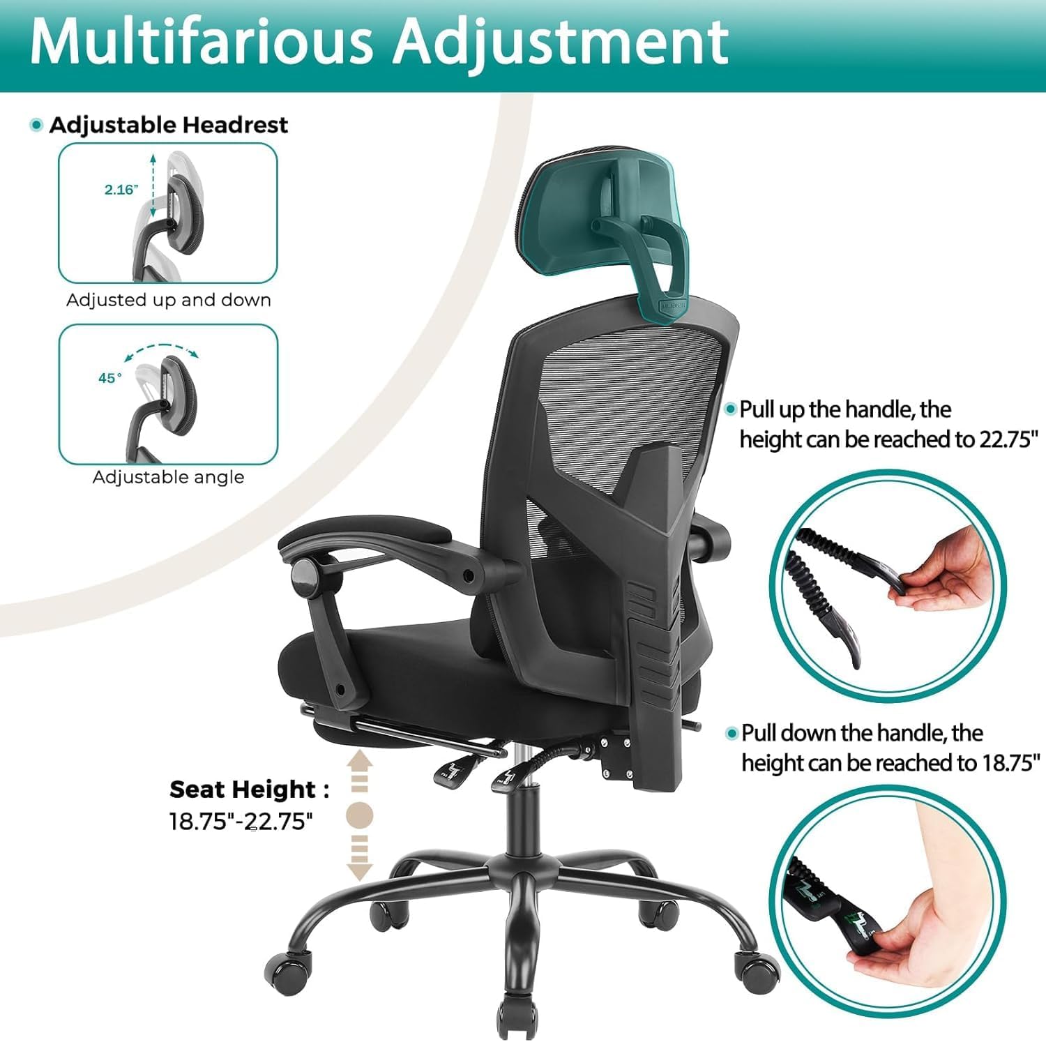 DUMOS Home Office Desk Chair with Footrest, High-Back Mesh Rolling Swivel Reclining Chairs with Wheels, Comfortable Headrest, Lumbar Support, Comfy Arms for Home, Office, Gaming, Student, Inky