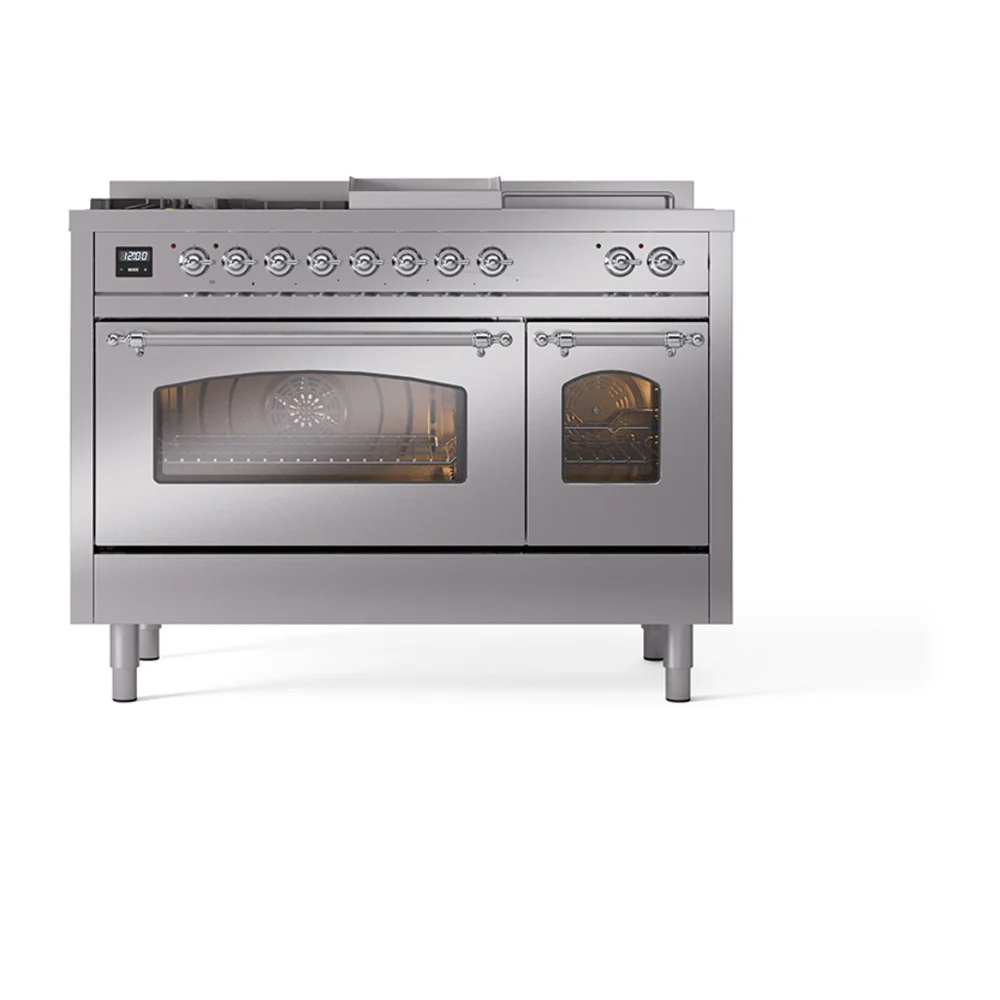 ILVE Nostalgie II 48-Inch Dual Fuel Range with 5 Burners, Griddle, & French Top with Triple Glass Door Oven in Stainless Steel with Chrome Trim (UP48FSNMPSSC)