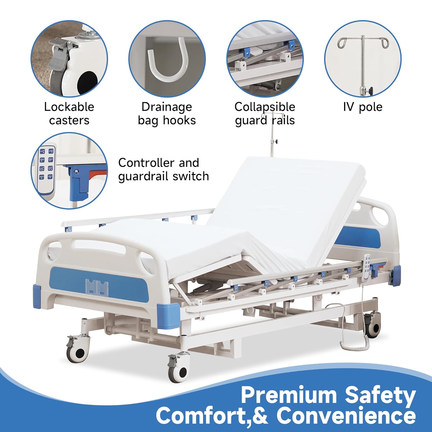 Real Relax Premium 3 Function Full Electric Hospital Bed (with Mattress & IV Pole), Premium Medical Hospital Beds, with Locking Casters, Motor.