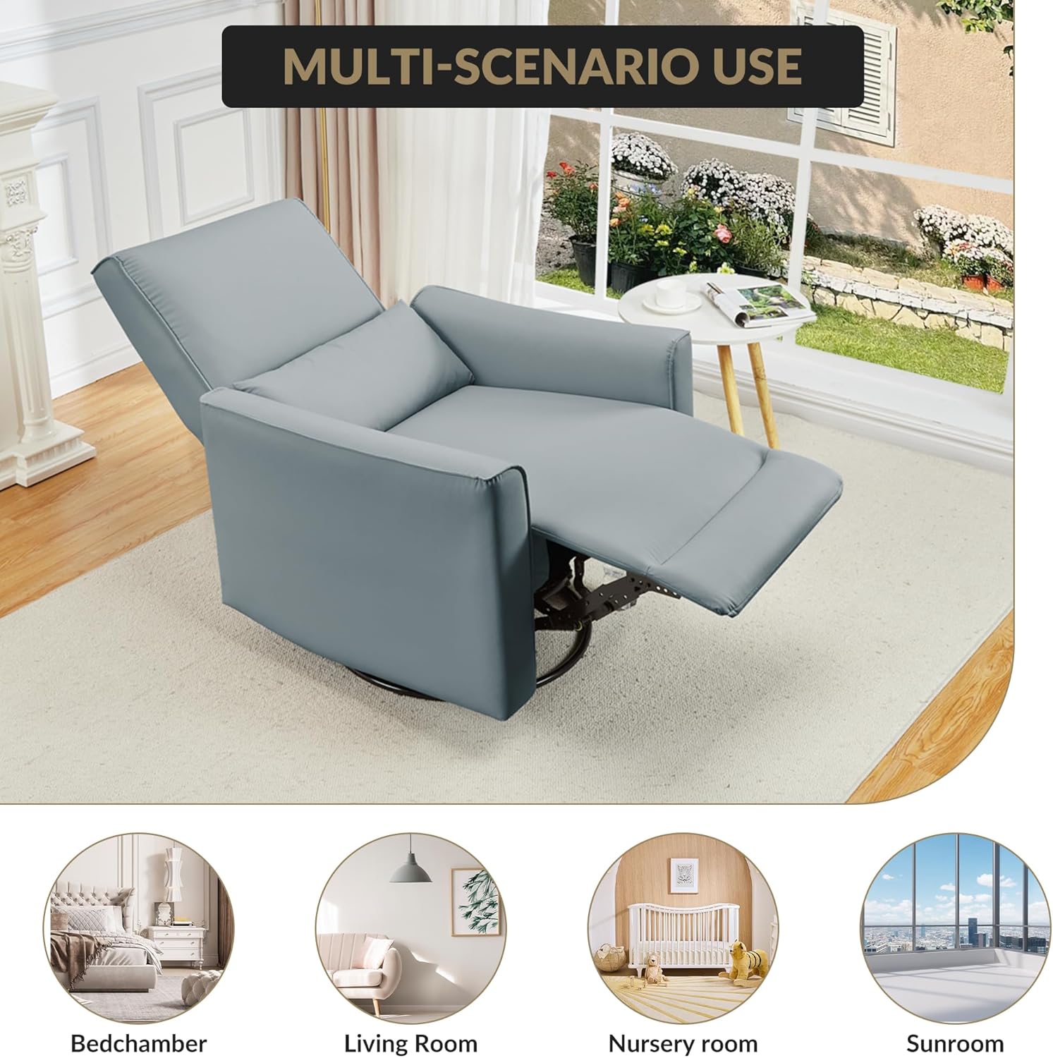 Swivel Rocking Recliner Chair, Manual Recliner with Lumbar Support & Padded Armrest, Comfortable Nursery Rocking Chair and Glider for Living Room, Bedroom (Gray)