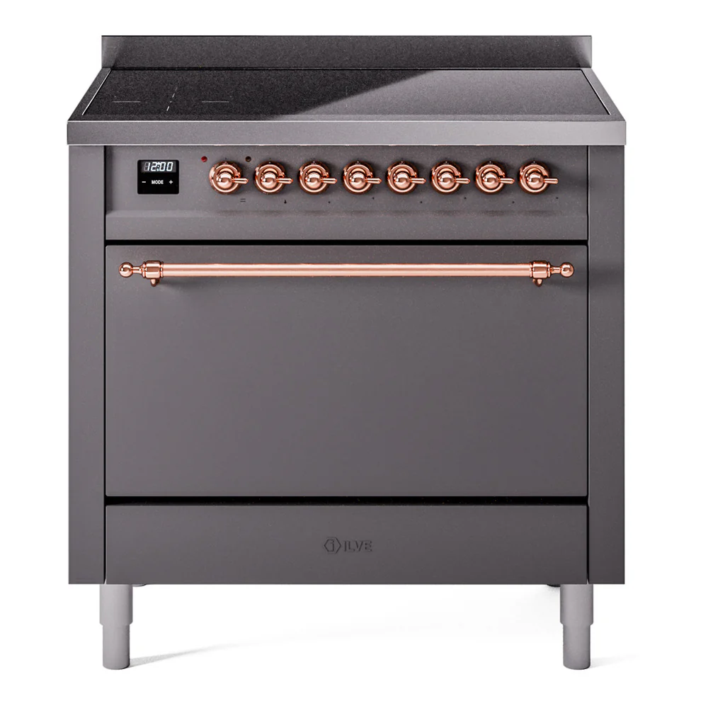 ILVE 36-Inch Nostalgie II Induction Range with Solid Door Oven in Matte Graphite with Copper Trim (UPI366QNMPMGP)