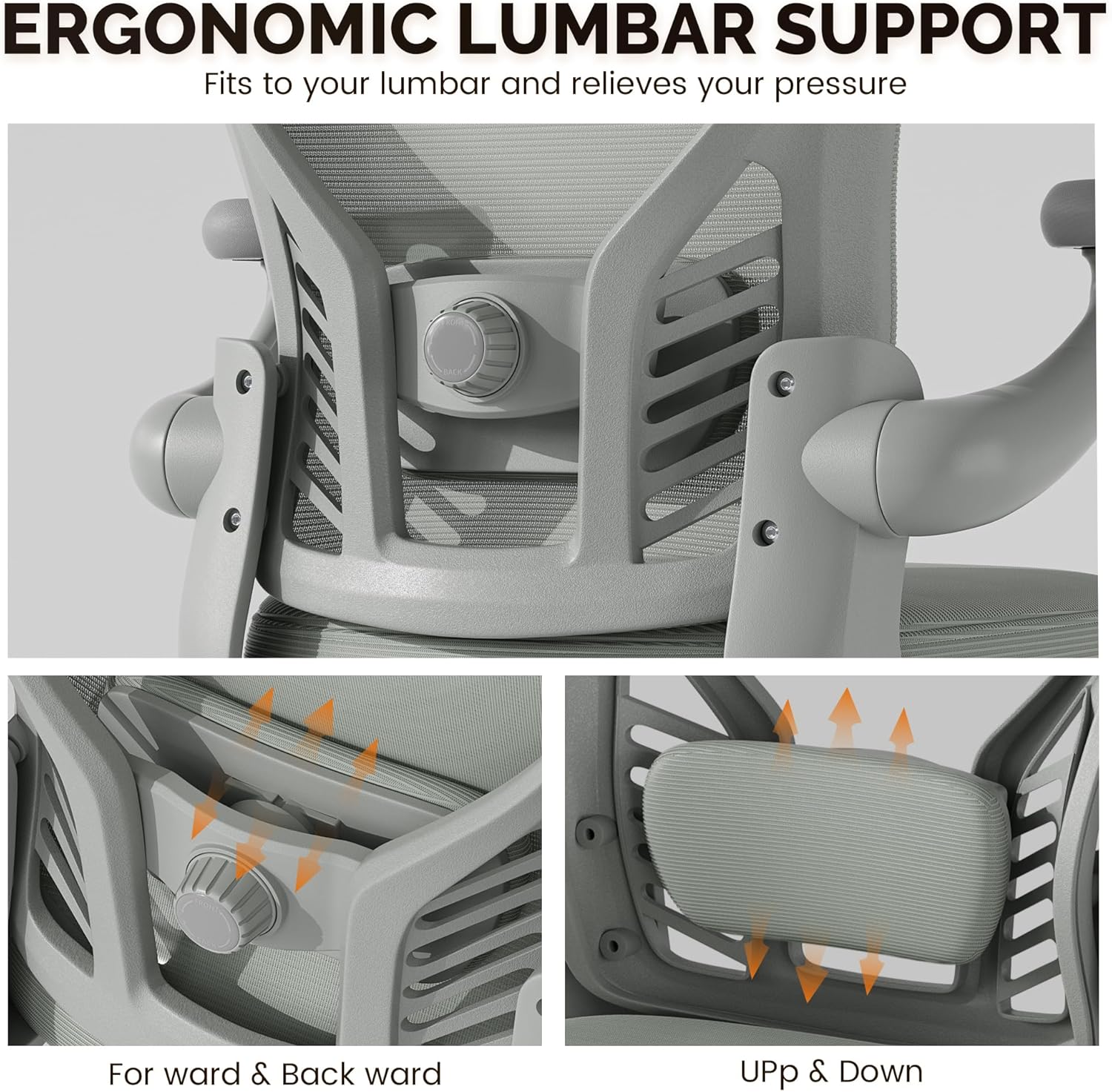 Computer Desk Chair with Wheels, Mesh Office Chair with Flip Up Arms, Adjustable Lumbar Support, Swivel Desk Chair Comfy, All Grey