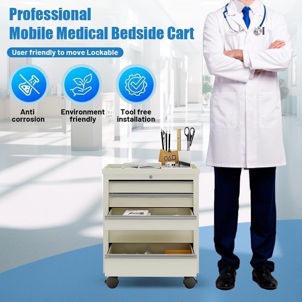 Yeeoy Medical Bedside Cart with Wheels, Dental Assistant's Mobile Cabinet with 5 Drawers & Lock, Rolling Alabama Cart, Portable Utility Storage Cabinet for Hospital Clinic Lab Beauty Salon