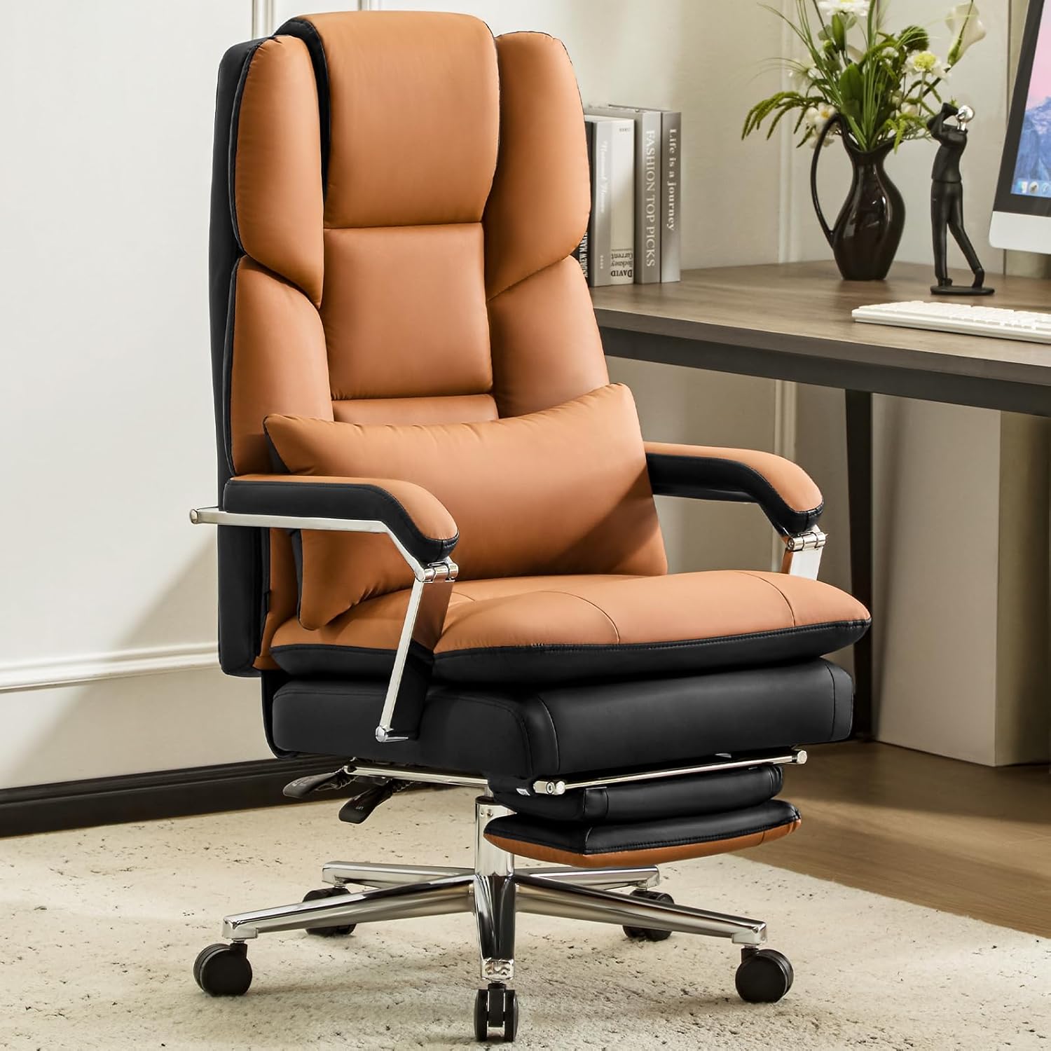 Furniliving Executive Leather Office Chair with Footrest, Big and Tall Office Chair 500lbs,Wide Seat Reclining Desk Chair with Lumbar Support, Armrest, Brown