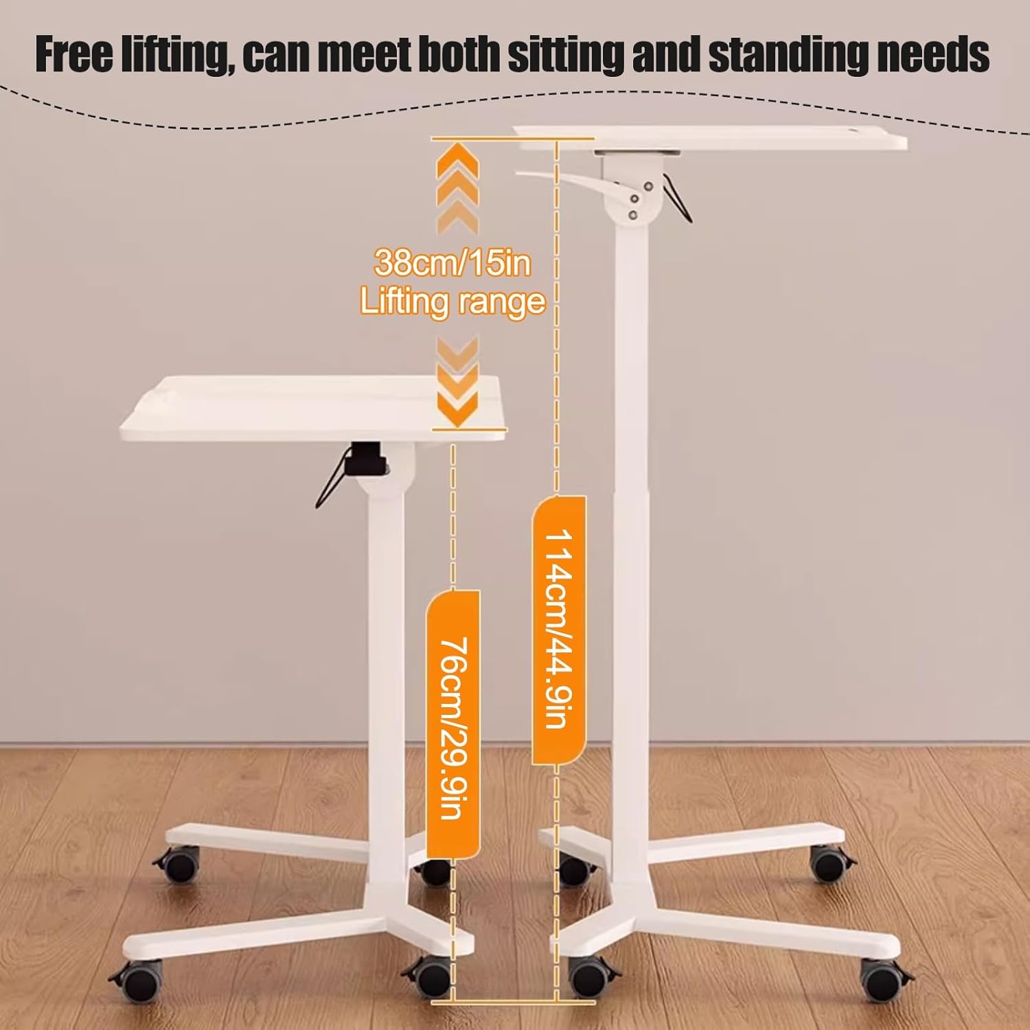 HARELA Adjustable Tilt Overbed Bedside Table with Wheels, Pneumatic Moveable Bed Desk Mobile Standing Stand Up Rolling Laptop Desks for Home Office Hospital Use