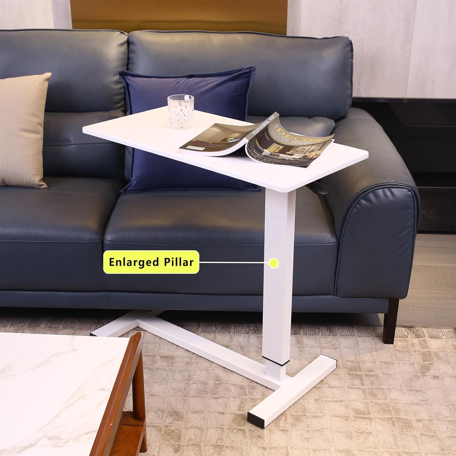 Adjustable Overbed Bedside Table with Swivel Hidden Wheels, Pneumatic Sliding Desk Mobile Desk Workstation for Home and Hospital, Height-Enhanced Version (White)