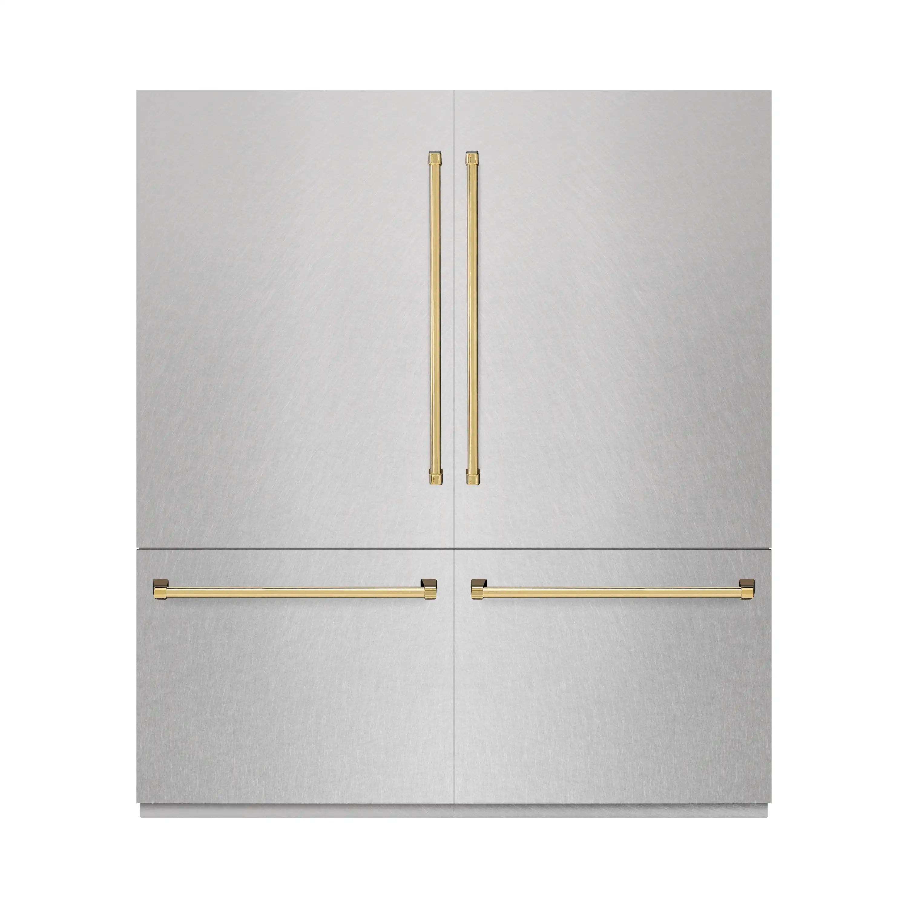 ZLINE Autograph Edition 72-Inch 39.6 Cu. Ft. French Door Built-In Bottom Freezer Refrigerator with Water Dispensers and Ice Makers in Satin Stainless Steel and Polished Gold Accents (RBITZ-SN-72-G)