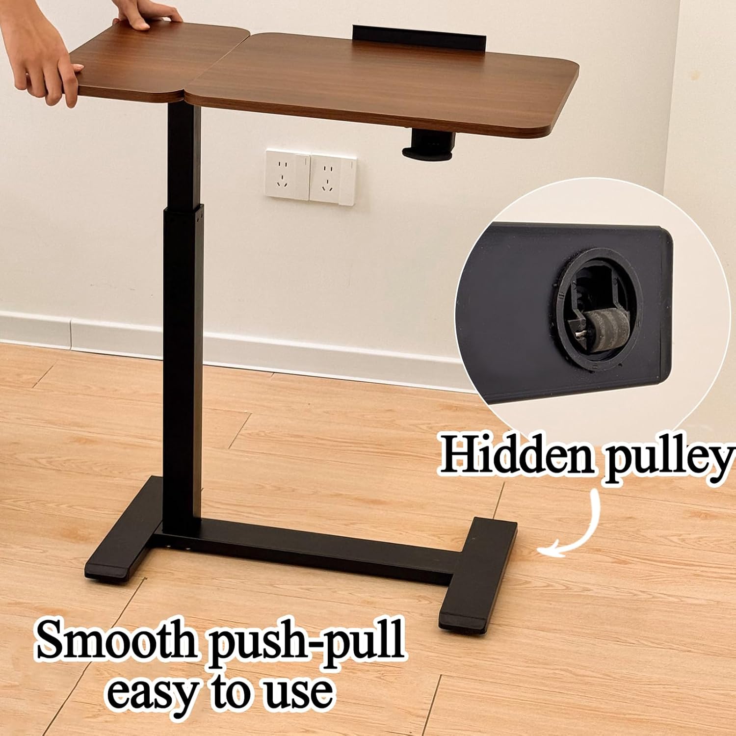 ELQ Adjustable Over Bed Table with Hidden Casters, Tiltable Hospital Bed Table with Wheels, Rolling Laptop Desk for Home, Office, Study, Walnut（27.6