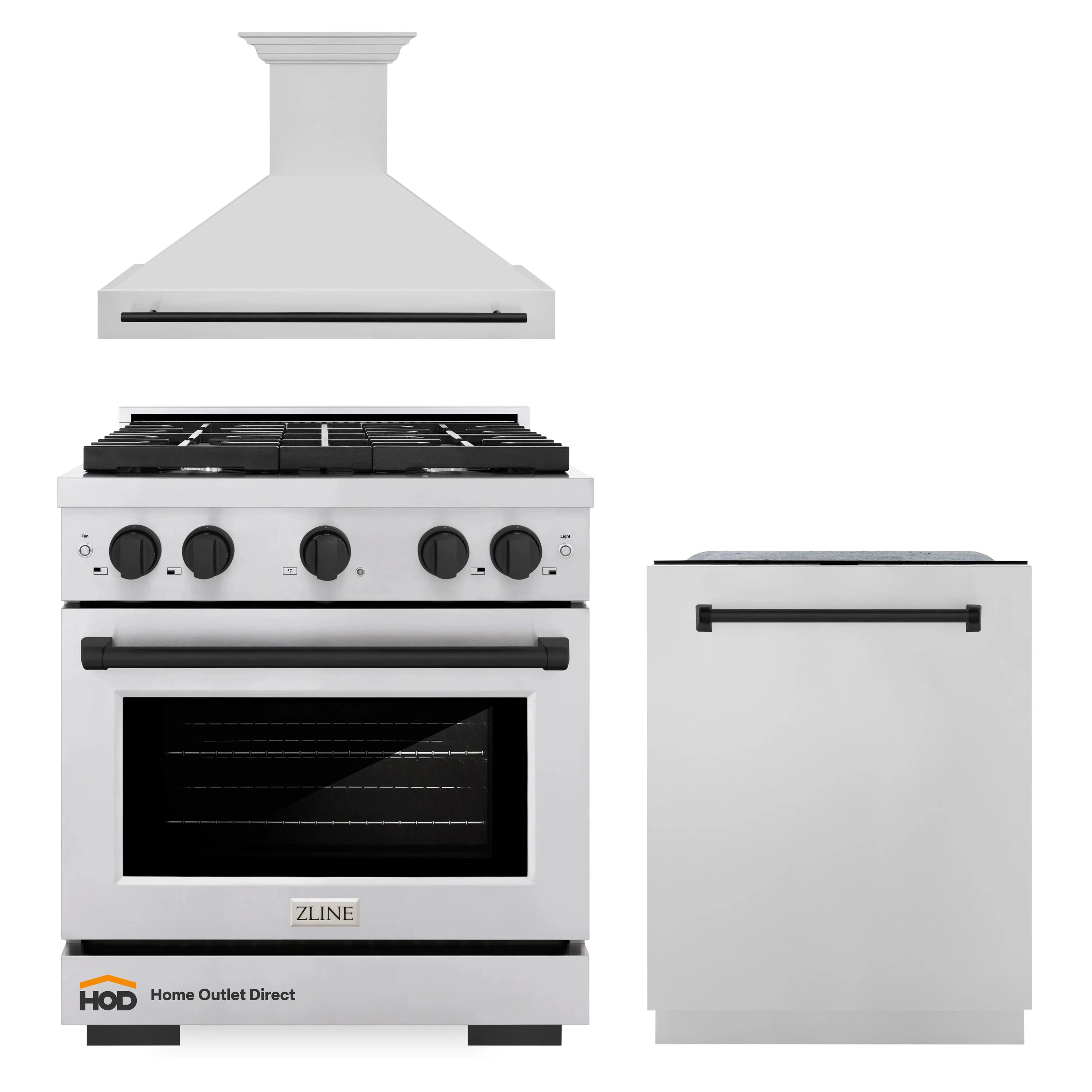 ZLINE Autograph Edition 3-Piece Appliance Package - 30-Inch Gas Range, Wall Mounted Range Hood, & 24-Inch Tall Tub Dishwasher in Stainless Steel with Matte Black Trim (3AKP-SGRRHDWM30-MB)