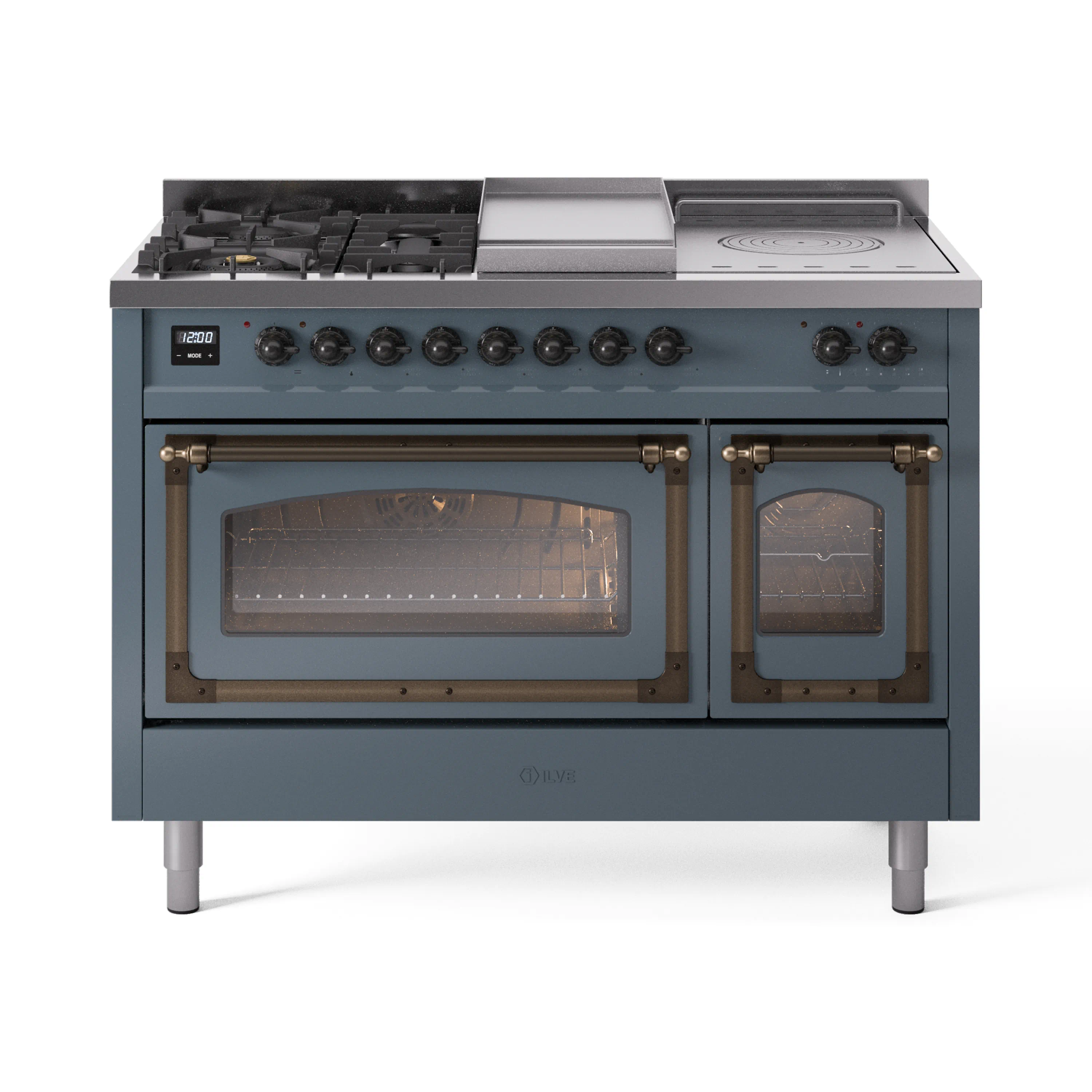 ILVE Nostalgie II Noblesse 48-Inch Dual Fuel Range with 5 Burners, Griddle, & French Top with Triple Glass Door Oven in Blue Grey with Bronze Trim (UN48FSNMPBGB)