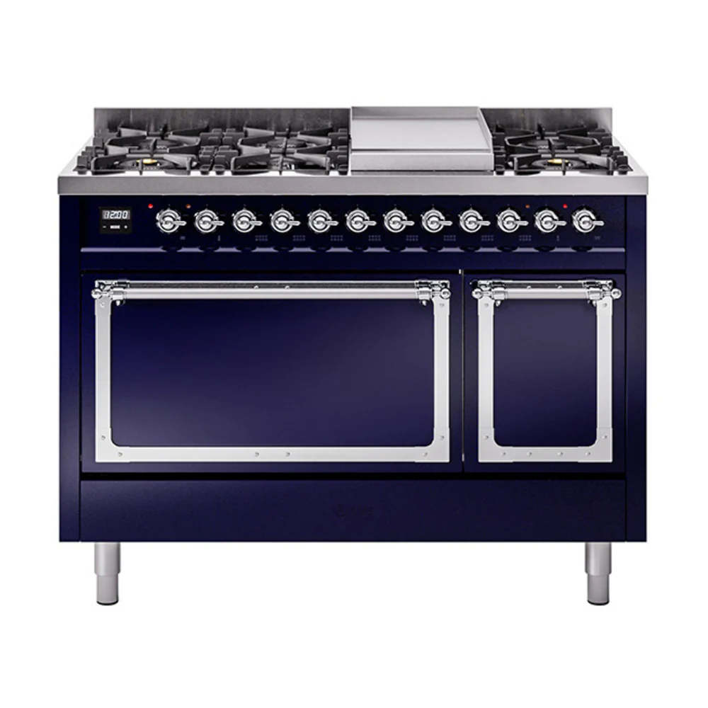 ILVE Nostalgie II Noblesse 48-Inch Dual Fuel Freestanding Range with Solid Door Oven in Midnight Blue with Chrome Trim (UN48FQNMPMBC)