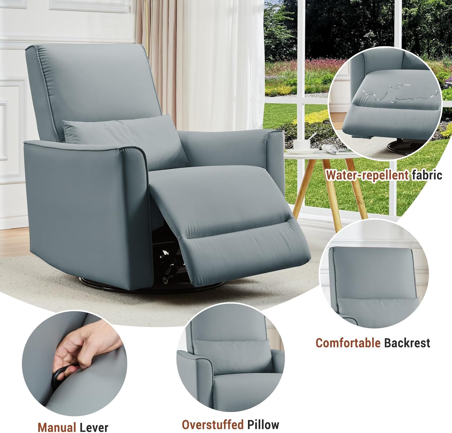 Swivel Rocking Recliner Chair, Manual Recliner with Lumbar Support & Padded Armrest, Comfortable Nursery Rocking Chair and Glider for Living Room, Bedroom (Gray)