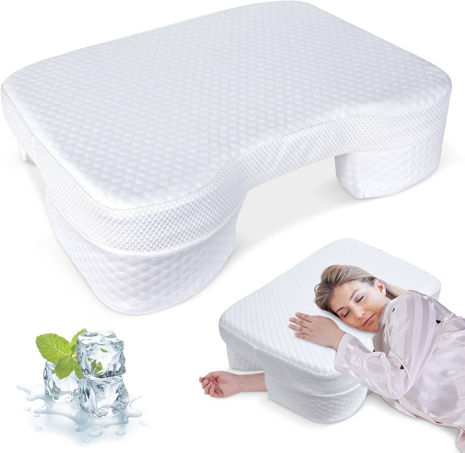 Side Sleeper Pillow with Arm Holes, Memory Foam Pillow for Neck & Shoulder & Cervical Pain Relief, Ergonomic Arm Holes Positioner Cooling Bed Pillows for Side Stomach Sleeping (White)