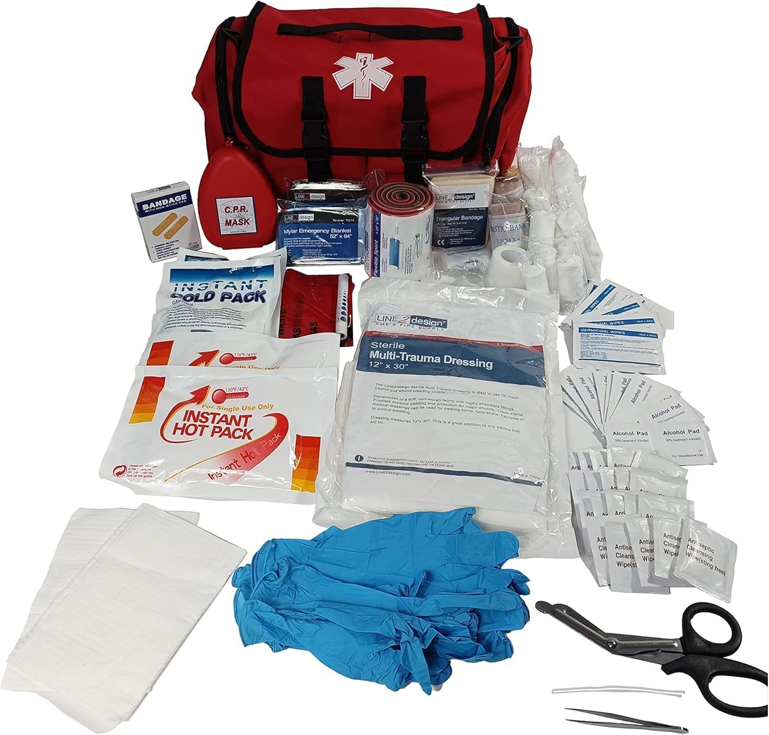 Line2design Emergency Fire First Responder Kit - Fully Stocked EMS Supplies First Aid Rescue Trauma Tactical Bag - EMS EMT Paramedic Complete Lifeguard Medical Supplies for Natural Disasters - Red
