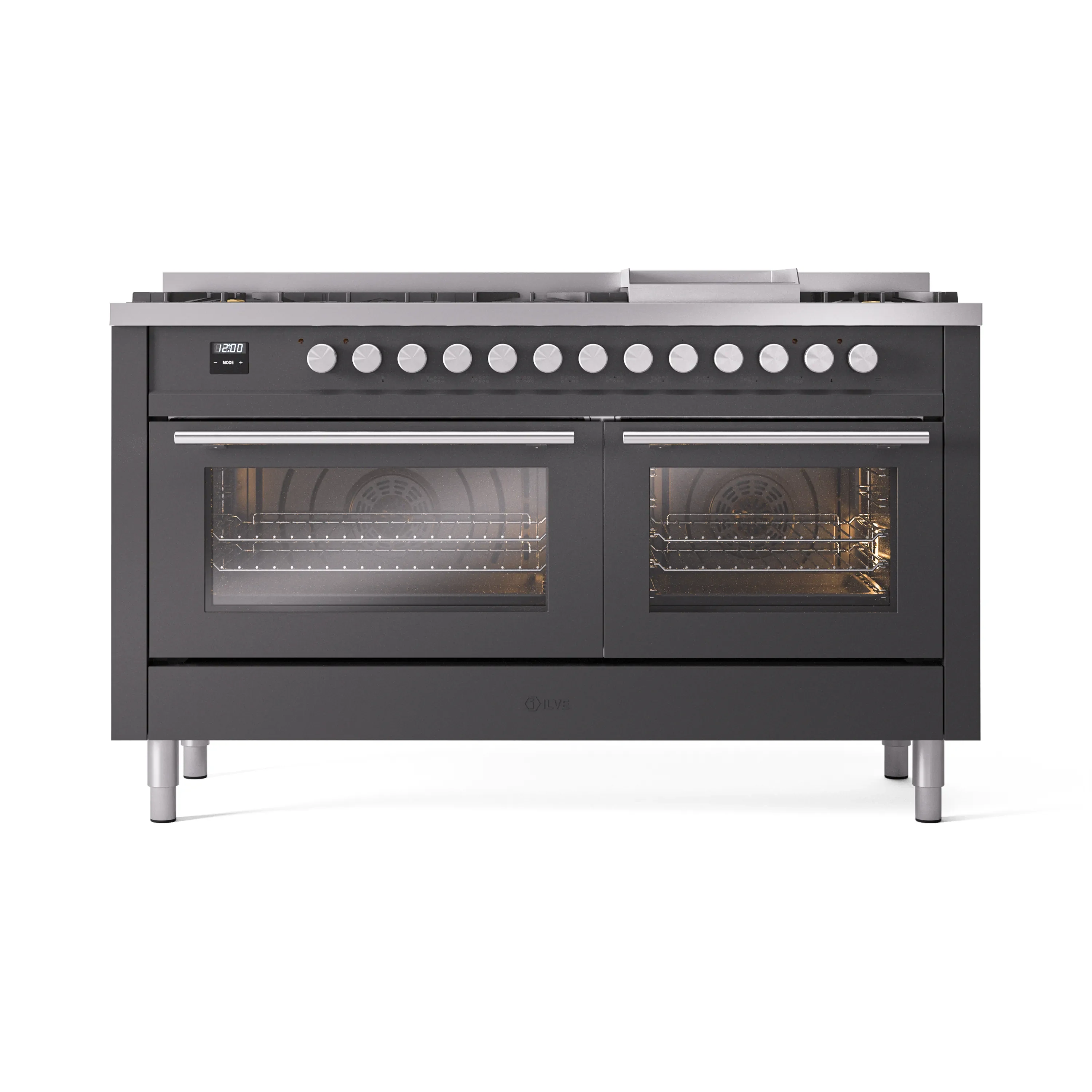 ILVE 60-inch Professional Plus II Dual Fuel Range with 9 Burners, Griddle, and Triple Glass Door Oven in Matte Graphite (UP60FWMPMG)