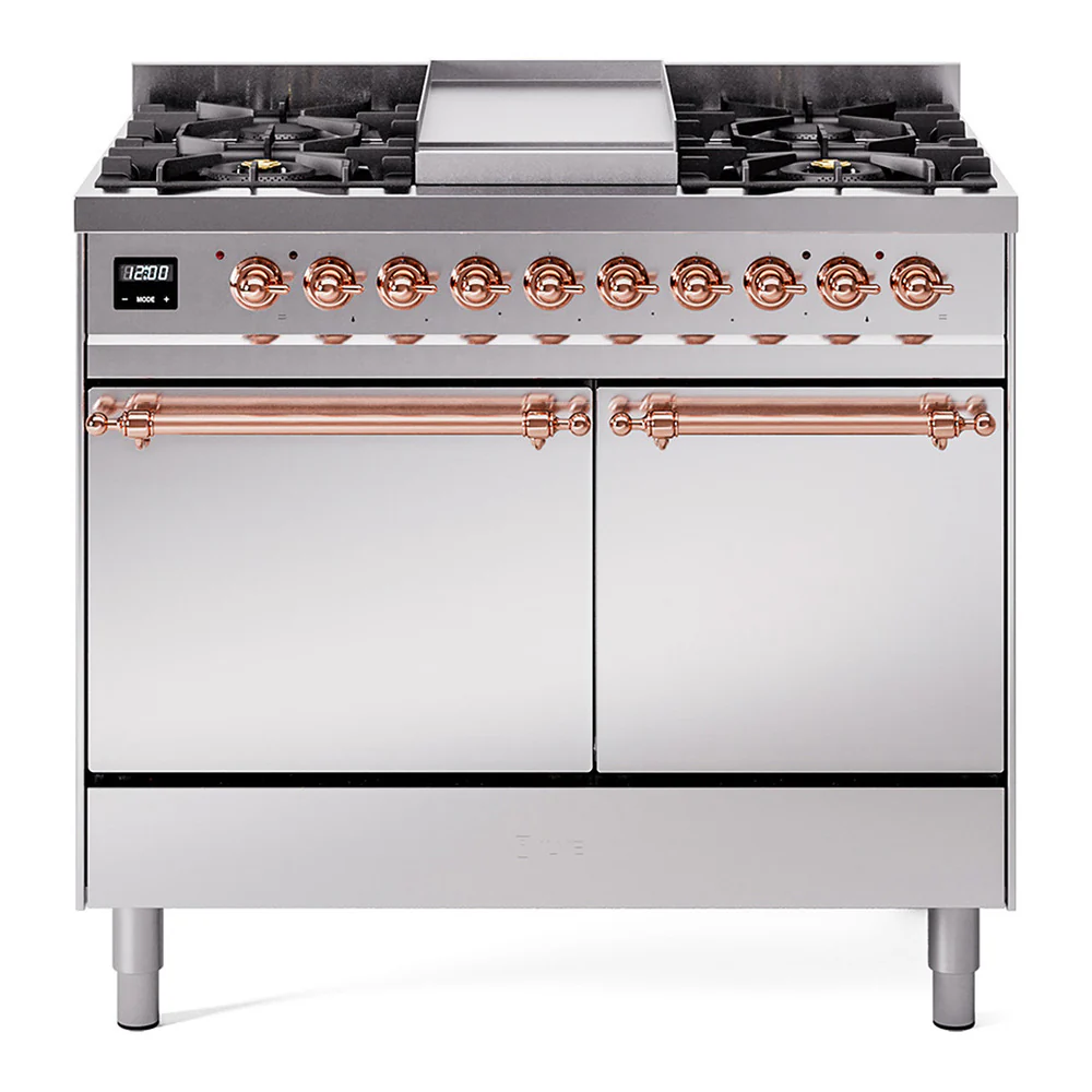 ILVE 40-Inch Nostalgie II Dual Fuel Range with 6 Burners, Griddle and Solid Door Oven in Stainless Steel with Copper Trim (UPD40FQNMPSSP)