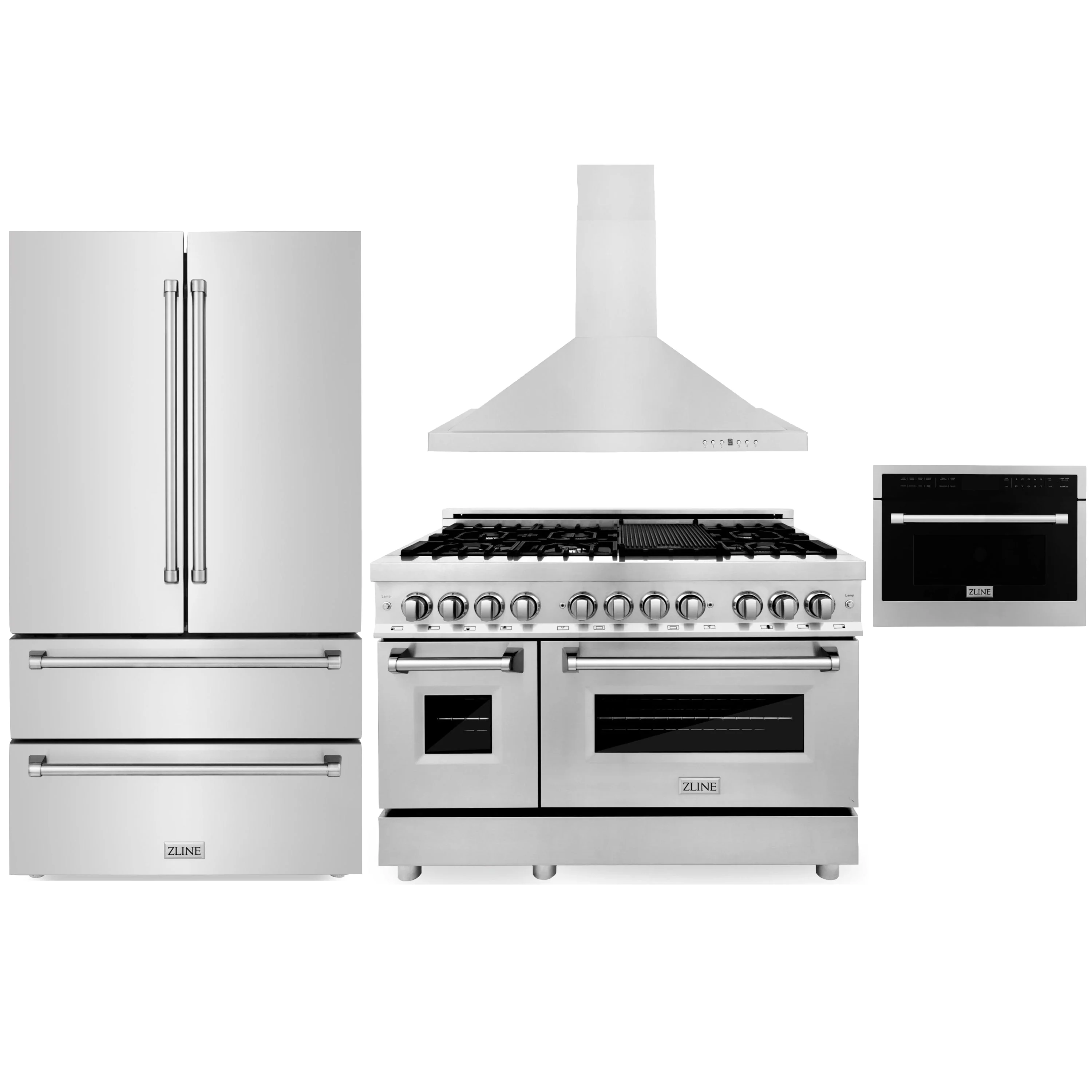 ZLINE 4-Piece Appliance Package - 48-Inch Dual Fuel Range, Refrigerator, Convertible Wall Mount Hood, and Microwave Oven in Stainless Steel (4KPR-RARH48-MO)