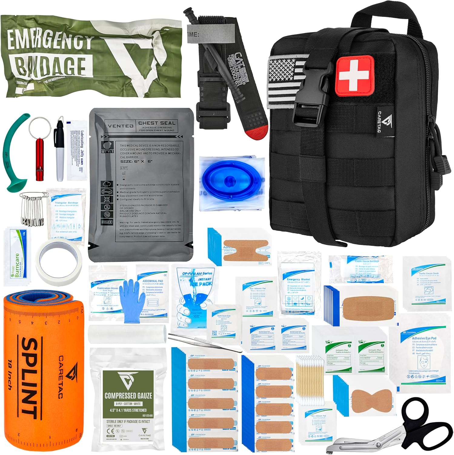 CareTac IFAK Trauma & First Aid Kit with CAT Gen 7 Tourniquet – Military-Grade Tactical Medical Kit Includes Israeli Bandage, Chest Seal, Splint & CPR Mask for Bleed Control, Gunshot Wounds & More
