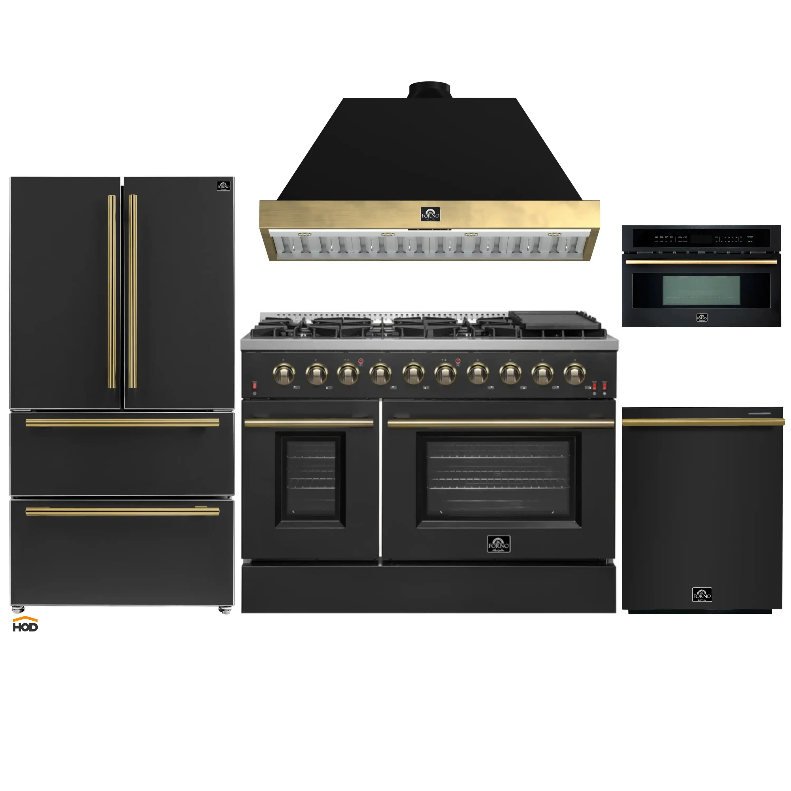 Forno Galiano 5-Piece Appliance Package - 48-Inch Gas Range, 48-Inch Hood, 36-Inch Refrigerator, 24-Inch Dishwasher, & 30-Inch Microwave Oven in Black with Antique Brass Trim