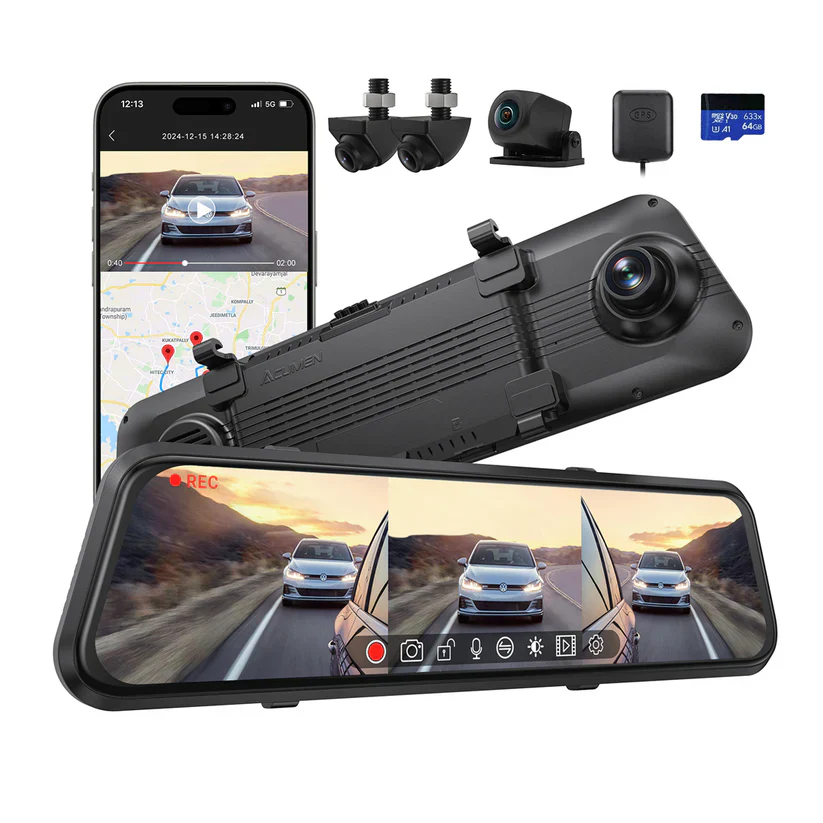 M4 Quad Mirror Dash Cam with 1080P Front+Rear+Left/Right Side Cameras, 12