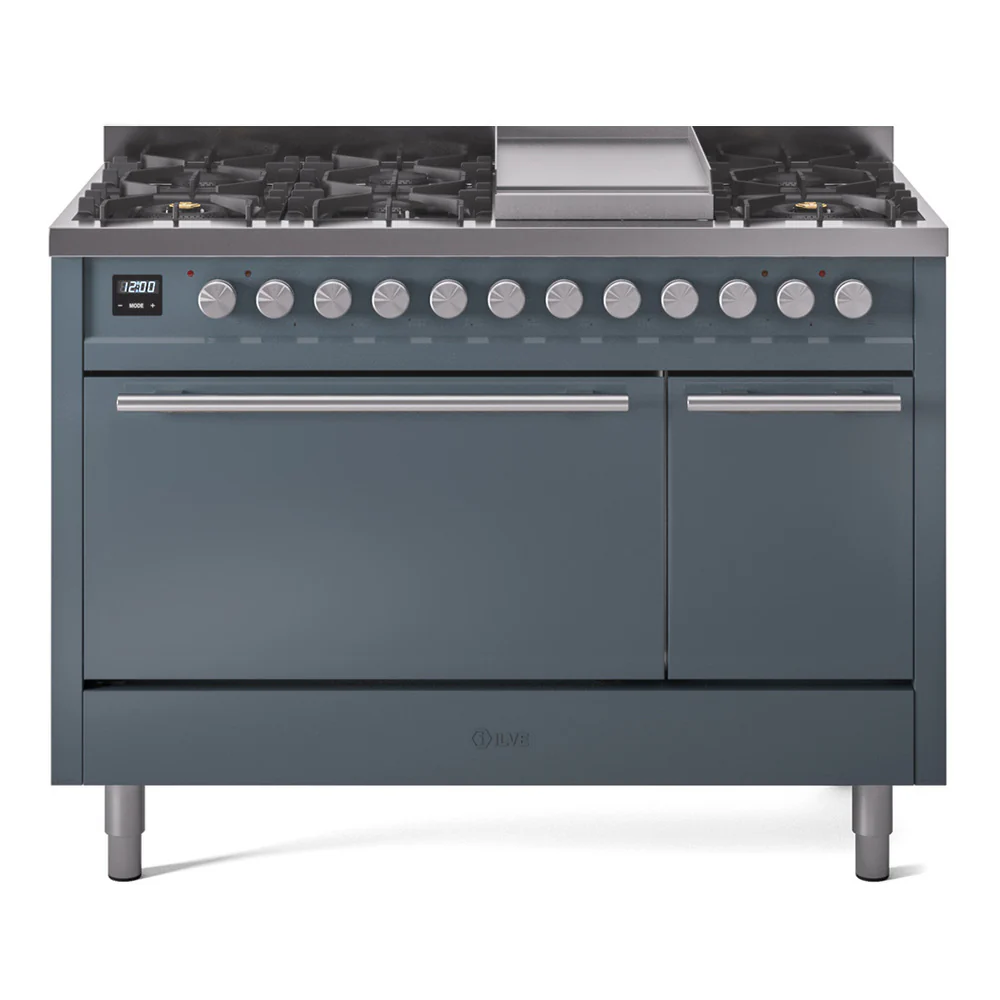 ILVE 48-Inch Professional Plus II Dual Fuel Range with 8 Burners, Griddle, and Solid Door Oven in Blue Grey (UP48FQMPBG)