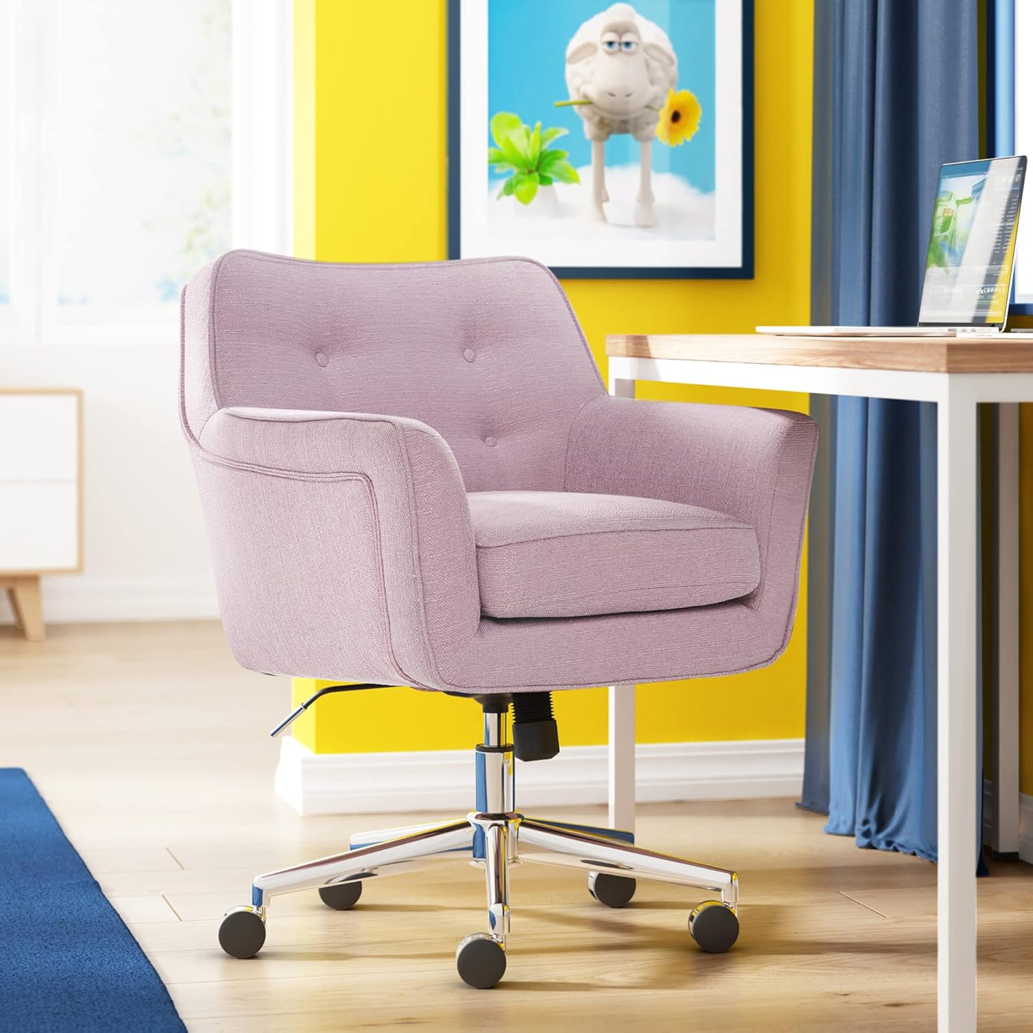 Serta Ashland Home Office Desk Chair with Button Tufted Mid-Back, Memory Foam Cushion and Padded Arms, Mid Century Modern Vanity Armchair with Wheels for Bedroom, Chrome Metal Base, Lilac