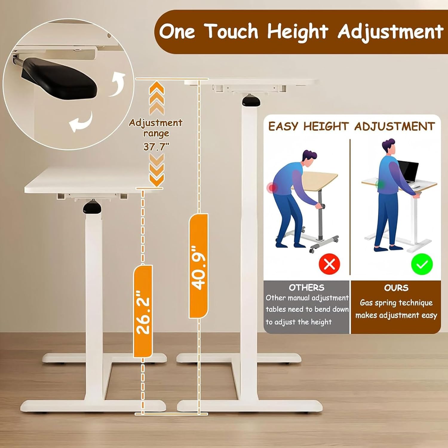 Overbed Bedside Table with Hidden Wheels, Pneumatic Adjustable Height, Foldable Mobile Desk for Hospital and Home Use, Rolling Computer Cart