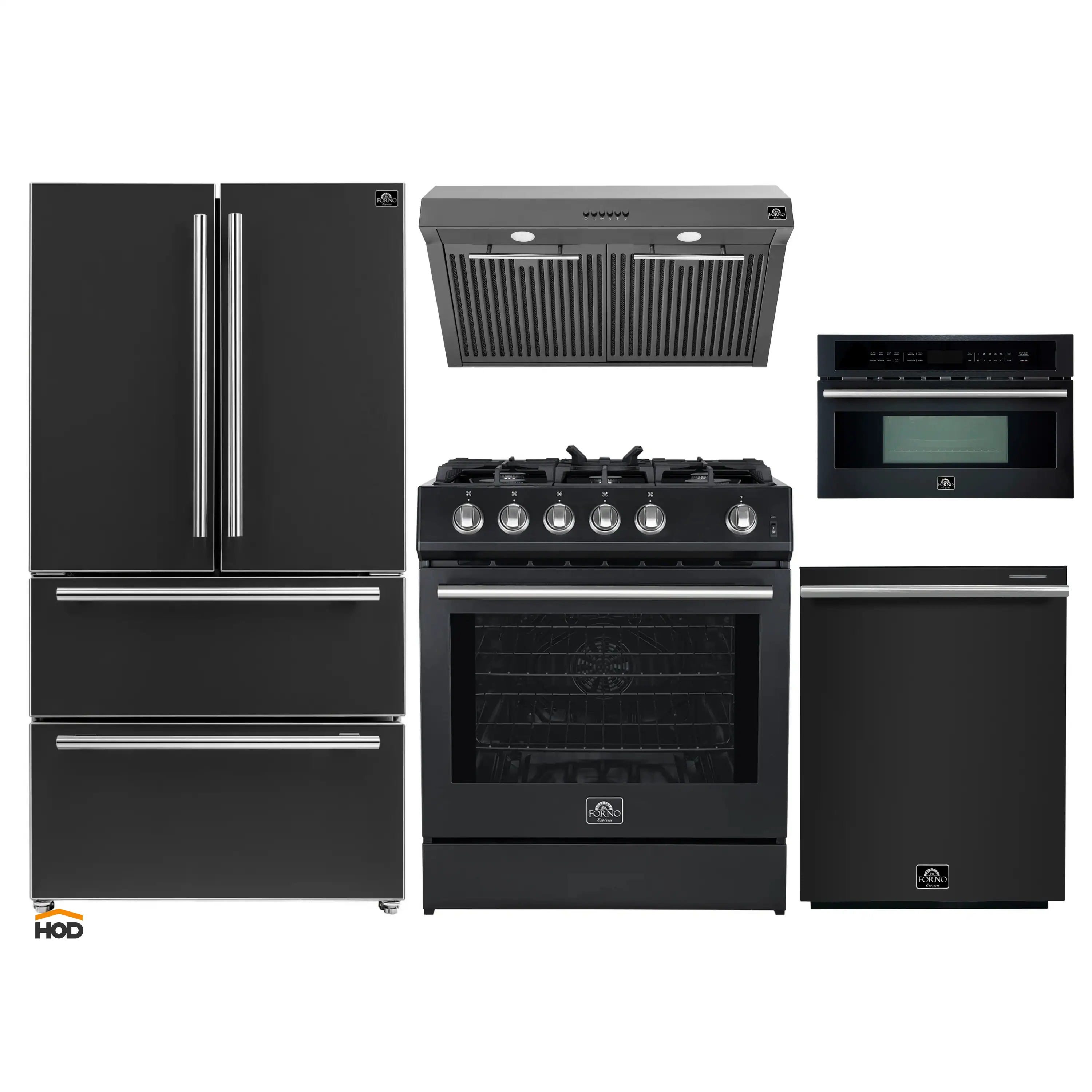 Forno 5-Piece Appliance Package - 30-Inch Gas Range, Under Cabinet Range Hood, Refrigerator, Dishwasher, and 30-Inch Microwave Oven in Black with Stainless Steel Trim