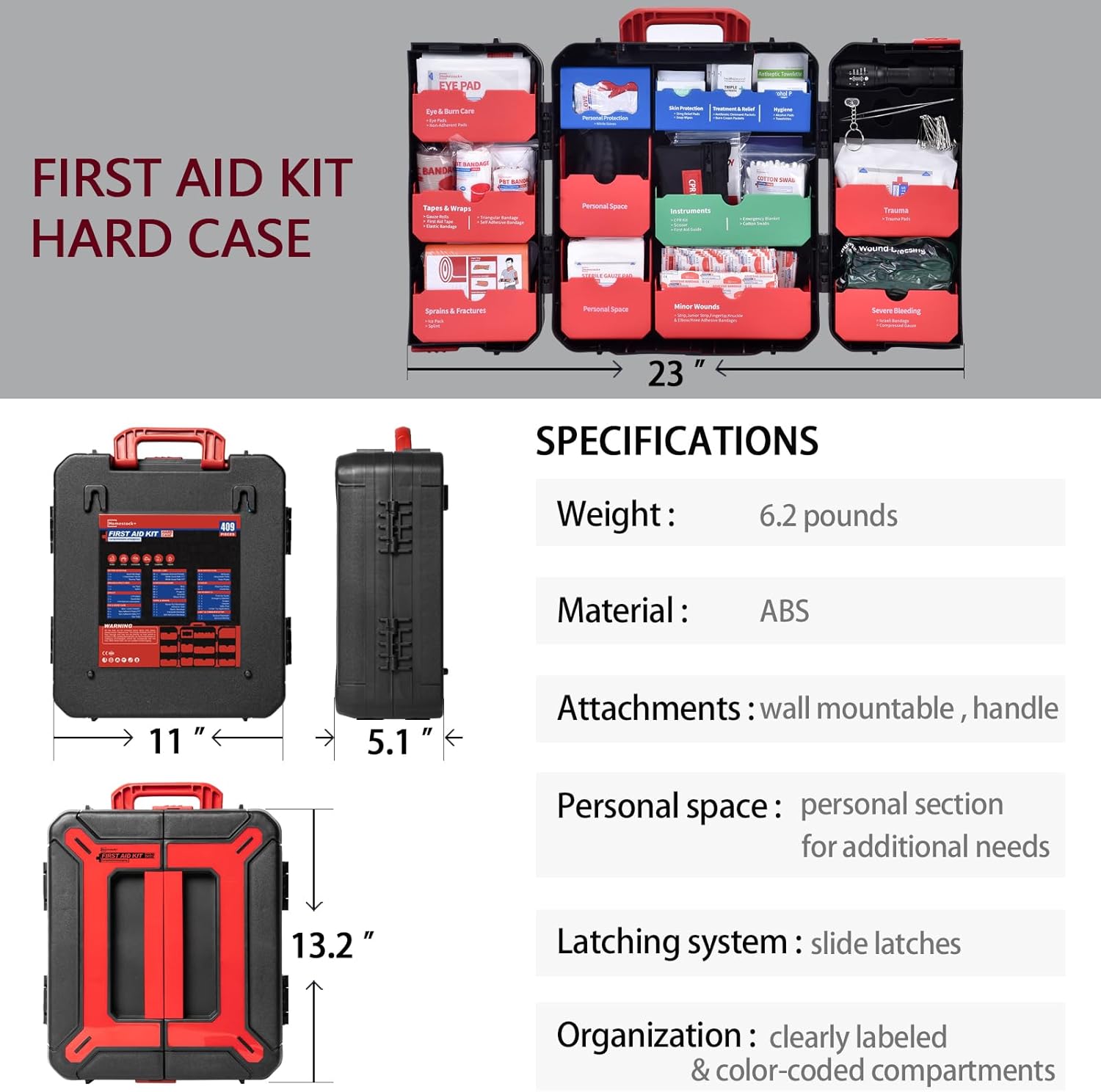 Hard Case First Aid Kit 408 Pcs - Wall Mountable Trauma Kit for Car, Home, Office & Truck - Comprehensive Large First Aid Supplies with Color-Coded Labelled Compartments
