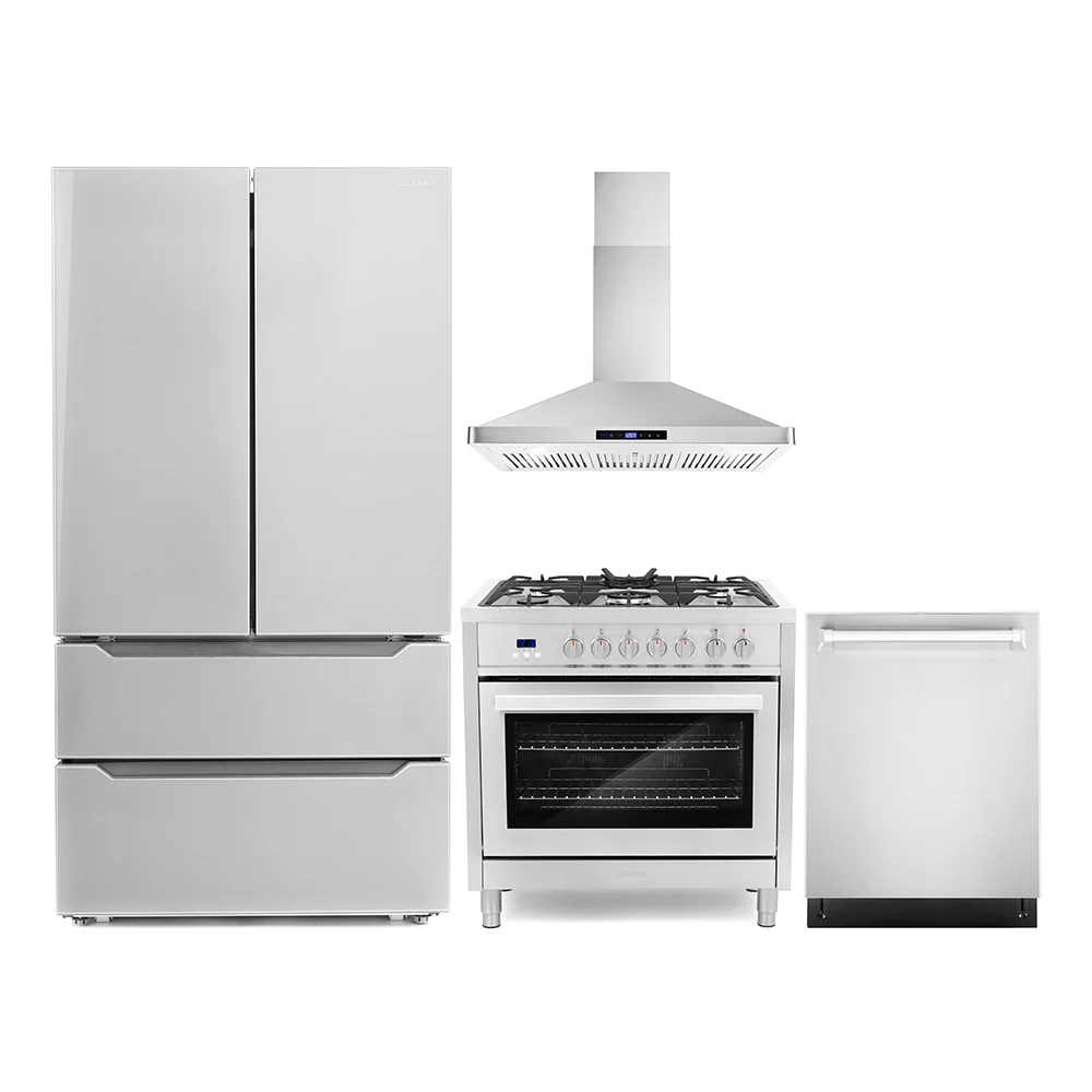 Cosmo 4-Piece Appliance Package - 36-Inch Single Oven Dual Fuel Range, Wall Mount Range Hood, Dishwasher and Refrigerator in Stainless Steel (COS-4PKG-079)