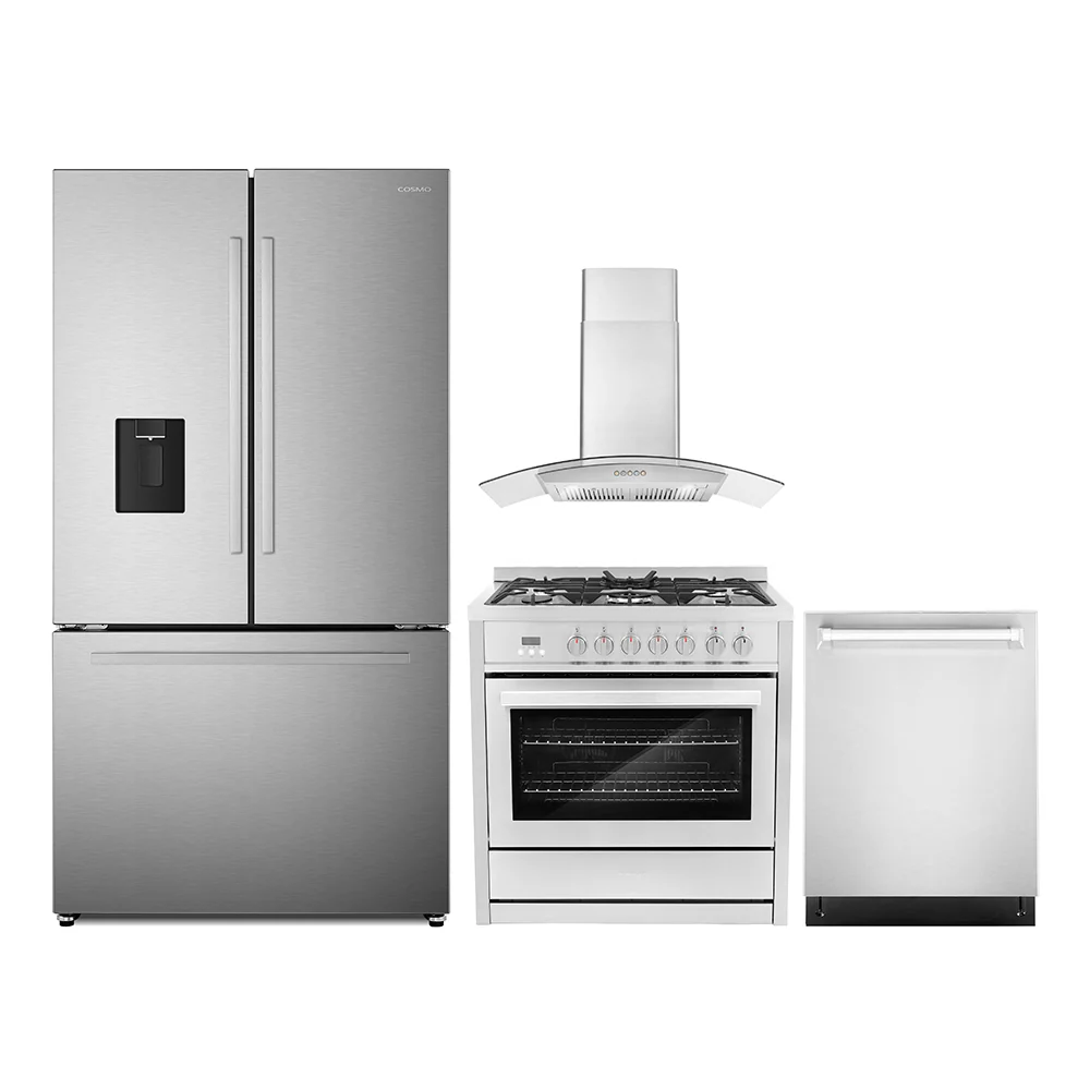 Cosmo 4-Piece Appliance Package - 36-Inch Dual Fuel Range, Wall Mount Range Hood, Dishwasher and Refrigerator in Stainless Steel (COS-4PKG-672)