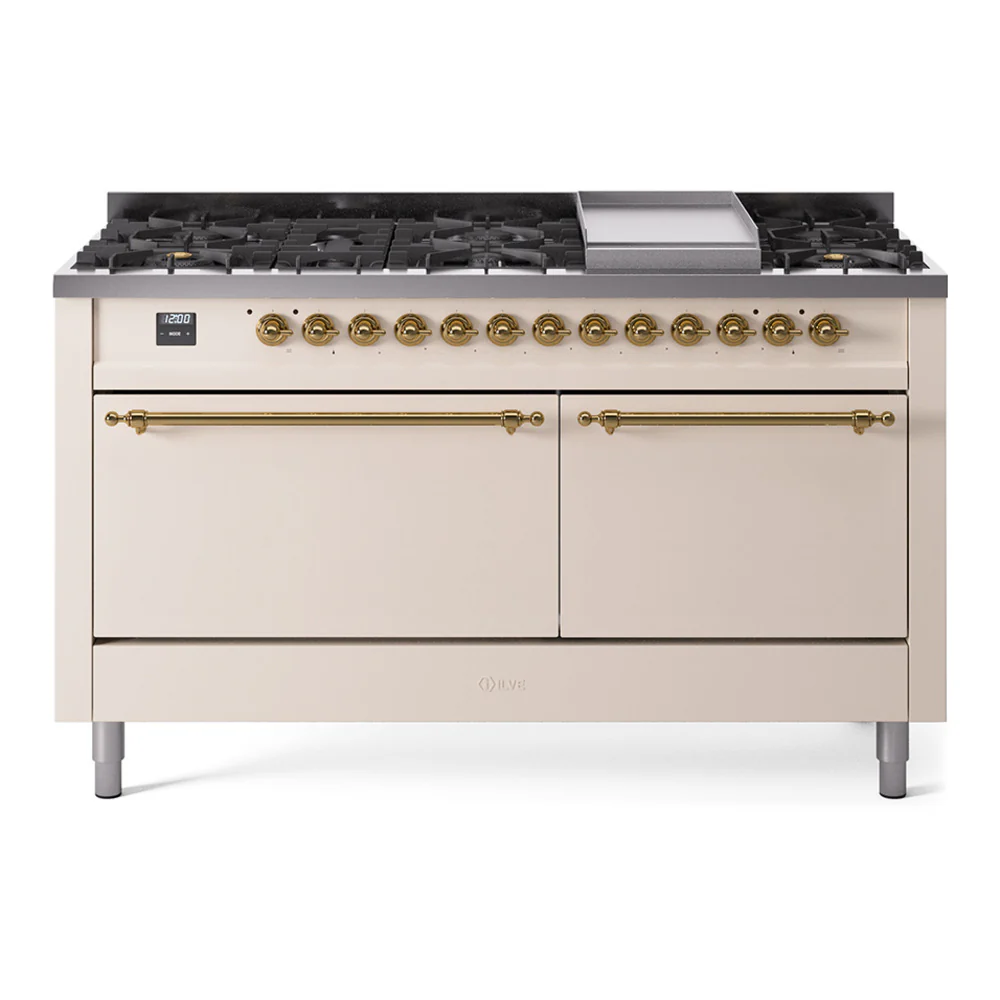 ILVE 60-Inch Nostalgie II Dual Fuel Range with 9 Burners, Griddle and Solid Door Oven in Antique White with Brass Trim (UP60FQNMPAWG)