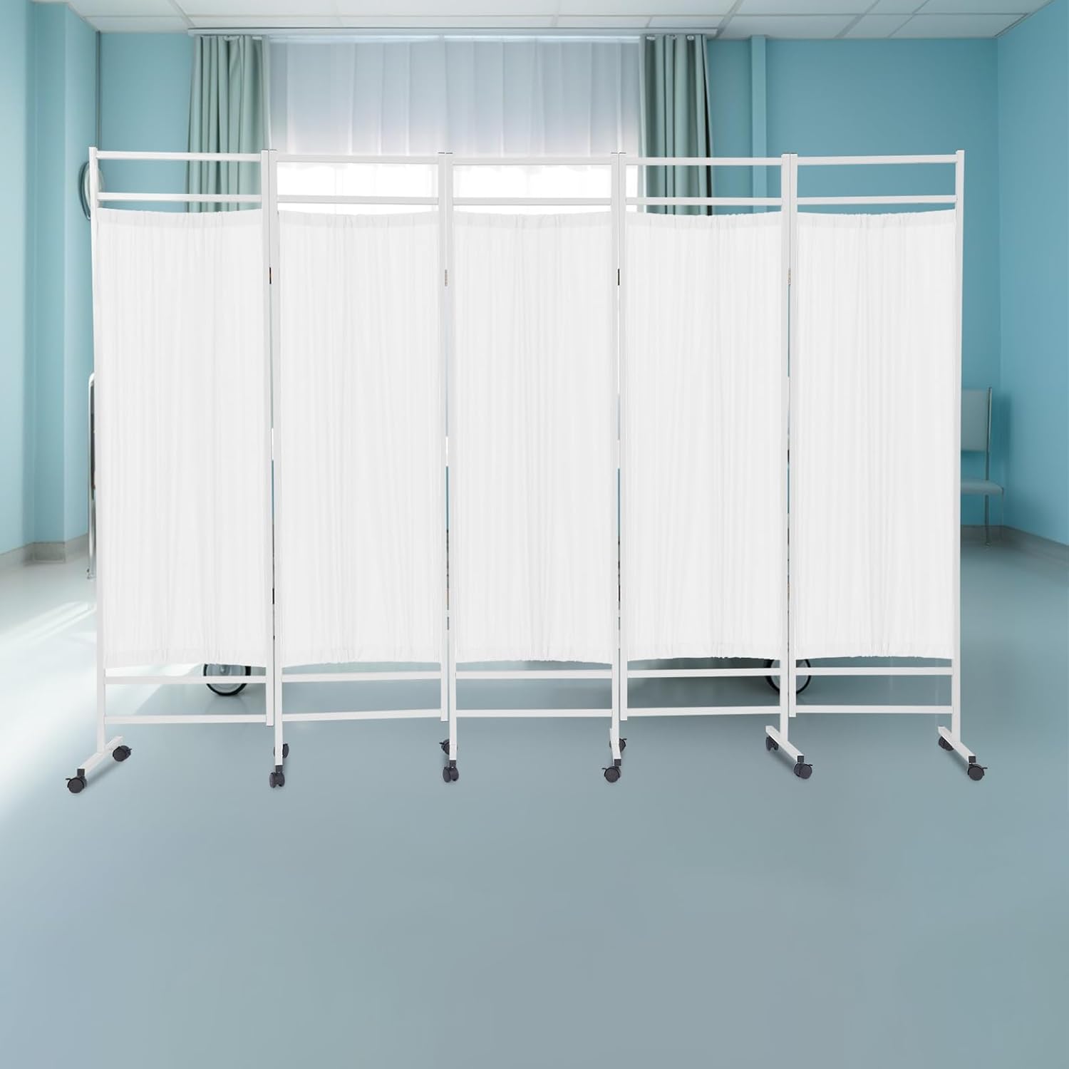 5-Panel Medical Privacy Screen, 8 X 6FT Folding Room Divider with Wheels, Freestanding Rolling Fabric Room Panel for Hospital, Beauty Salons (White)