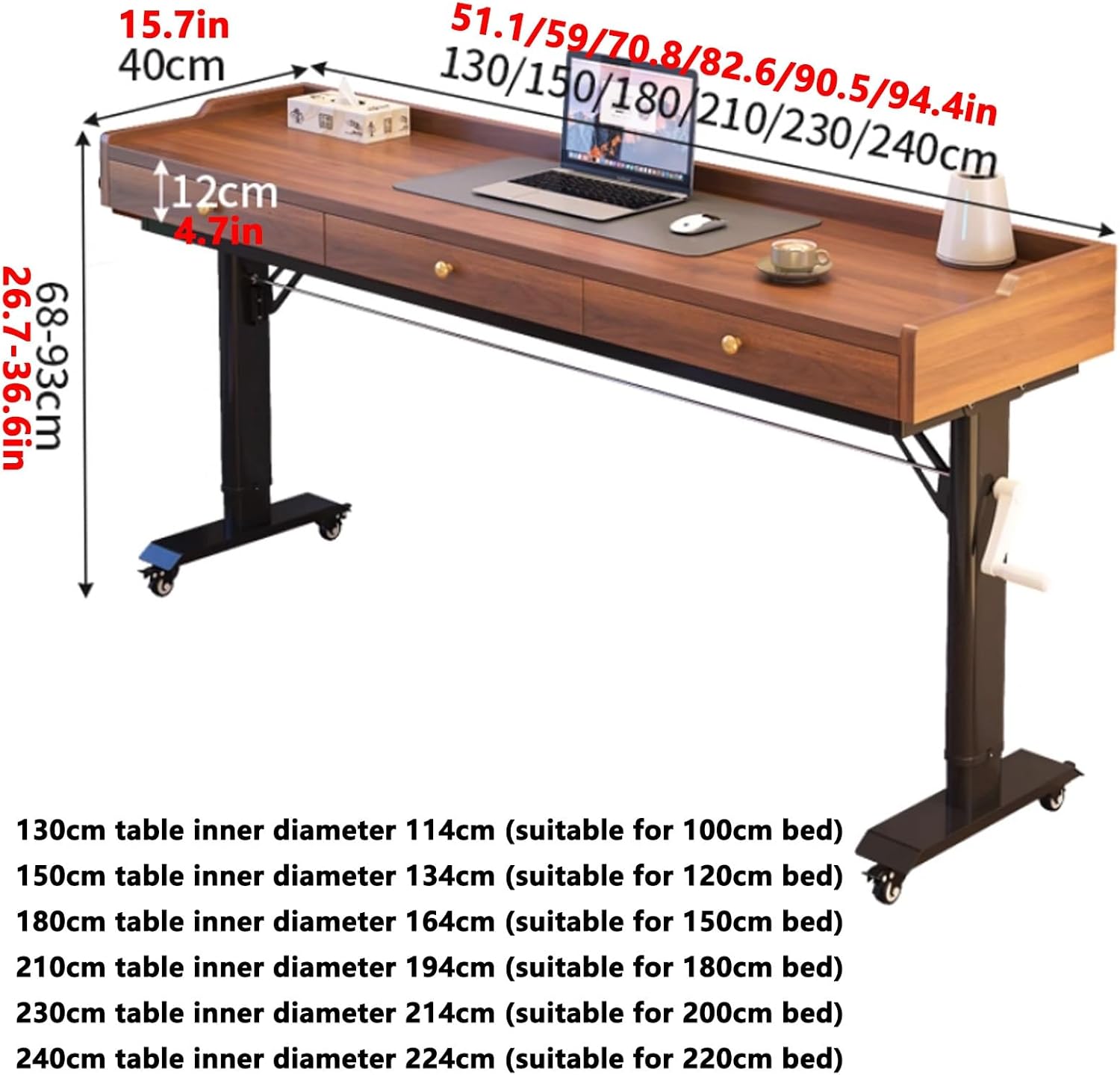 Adjustable Height Overbed Table with Wheels and Hand Crank, Mobile Laptop Cart with Large Capacity Storage, Over Bed Desk Fits Twin/Full/Queen/King Beds(Gray+White,180cm/70.8in)