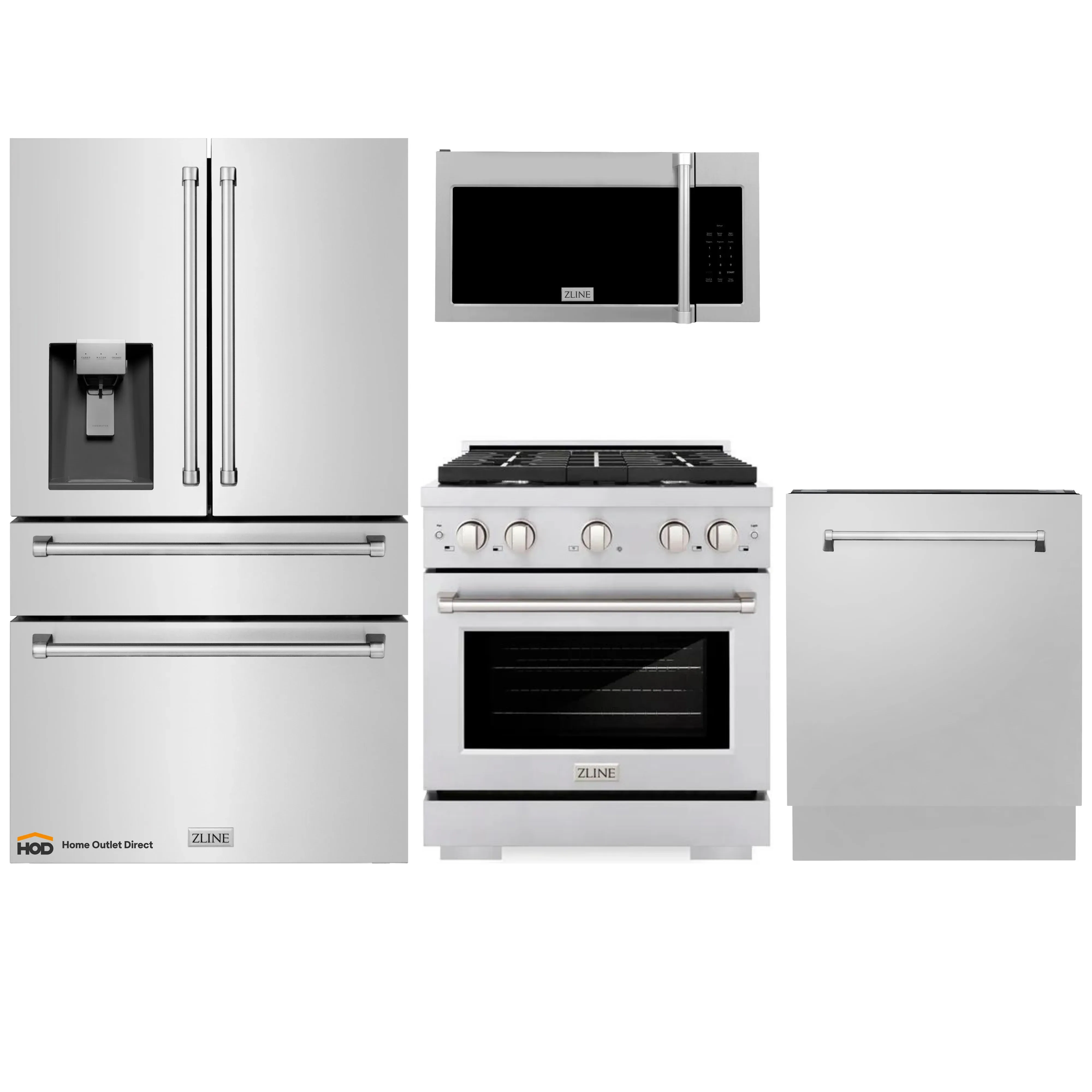 ZLINE 4-Piece Appliance Package - 30-Inch Gas Range, Refrigerator with Water Dispenser, Tall Tub Dishwasher, & Over-the-Range Microwave in Stainless Steel (4KPRW-SGROTRH30-DWV)