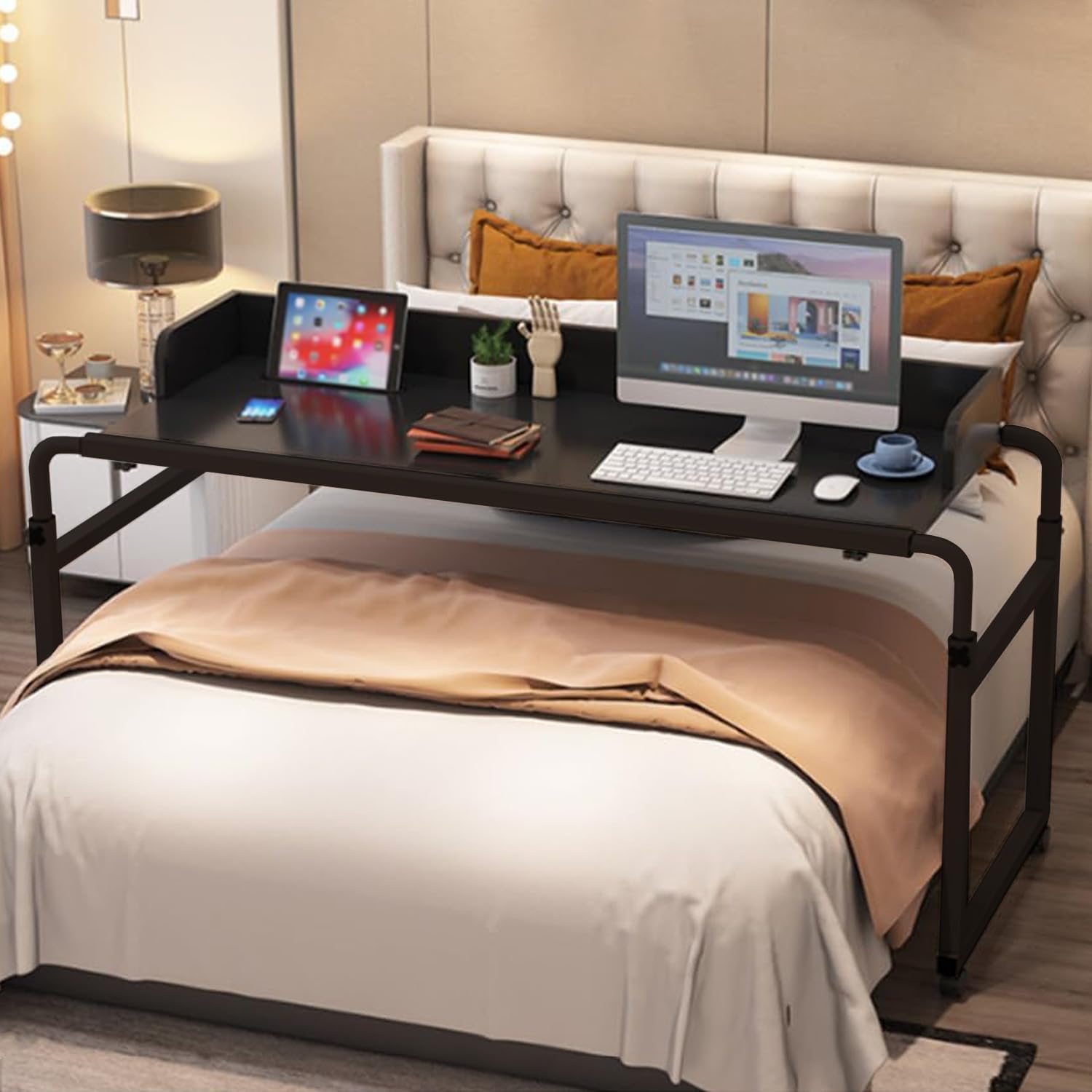 Foldable Desk Table,Over Bed Laptop Trolley Desk Overbed Medical Table Over Chair Table with Wheels Small Overbed Table Adjustable Height with Wheels(Color:Black+)